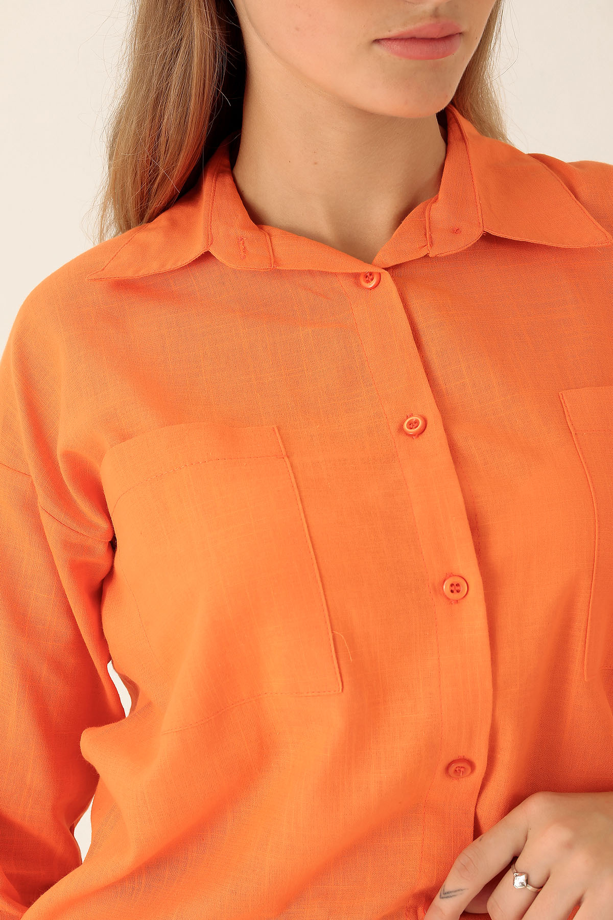 Çift Cep Keten Bayan Gömlek - 6496A Orange - 6
