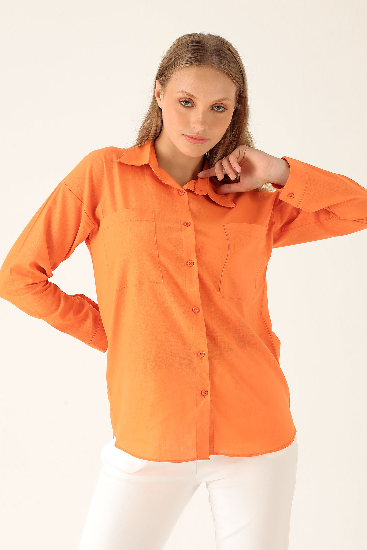 Çift Cep Keten Bayan Gömlek - 6496A Orange - 1