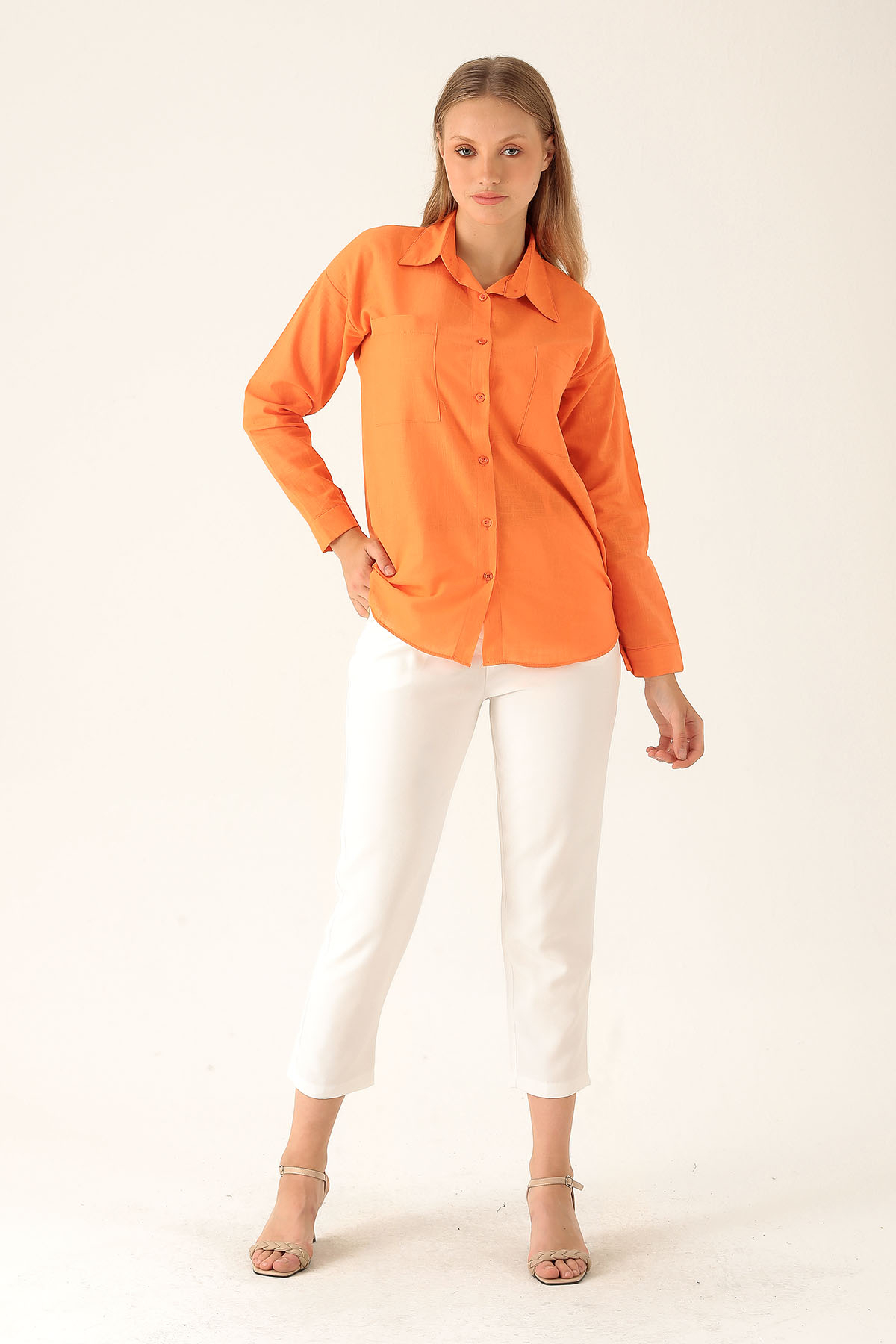Çift Cep Keten Bayan Gömlek - 6496A Orange - 4