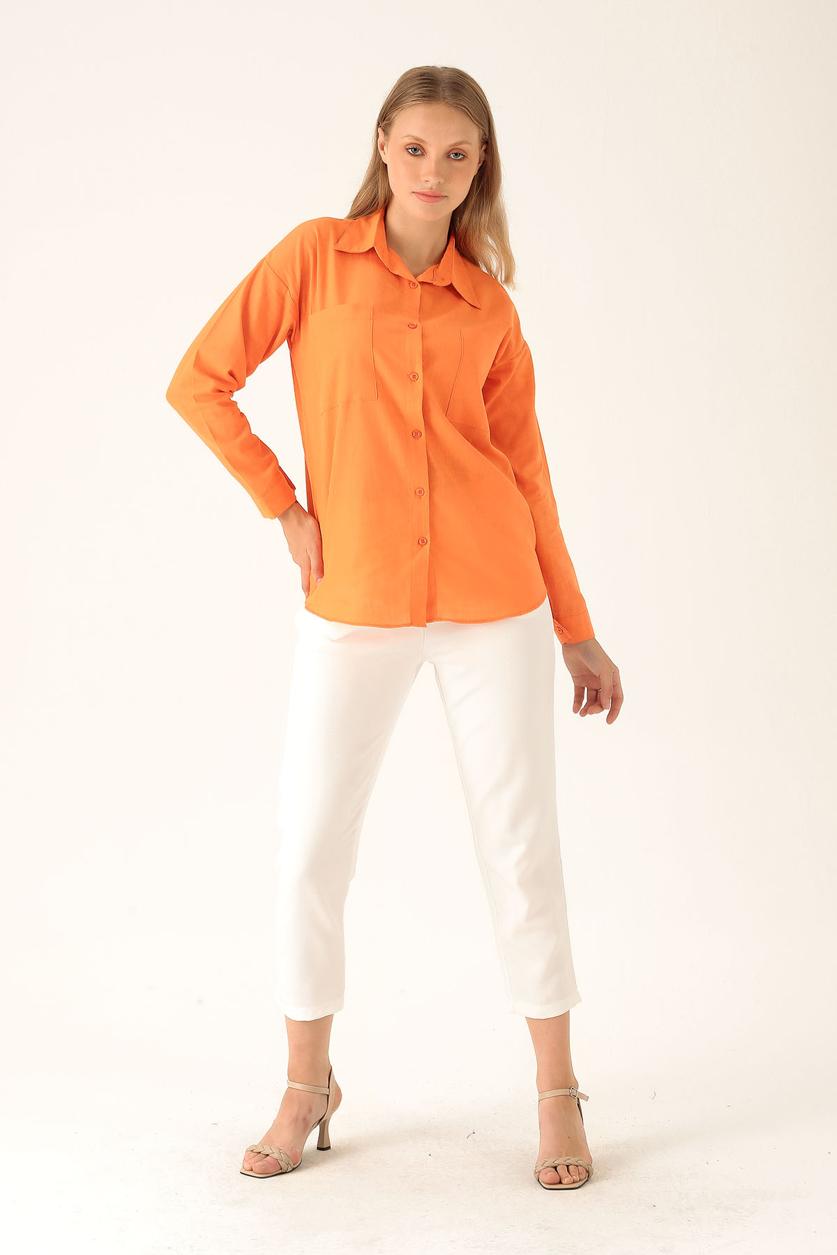 Çift Cep Keten Bayan Gömlek - 6496A Orange - 5
