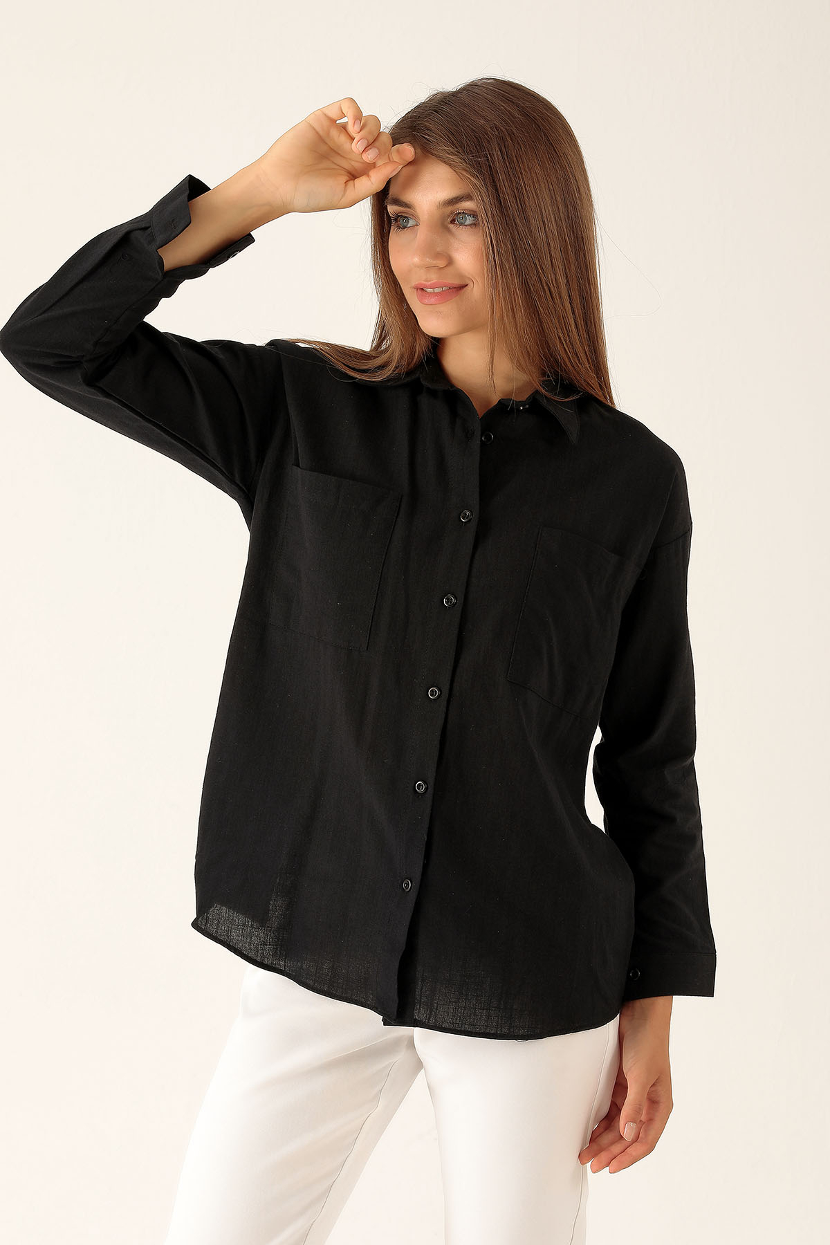 Çift Cep Keten Bayan Gömlek - 6496A Siyah - 3