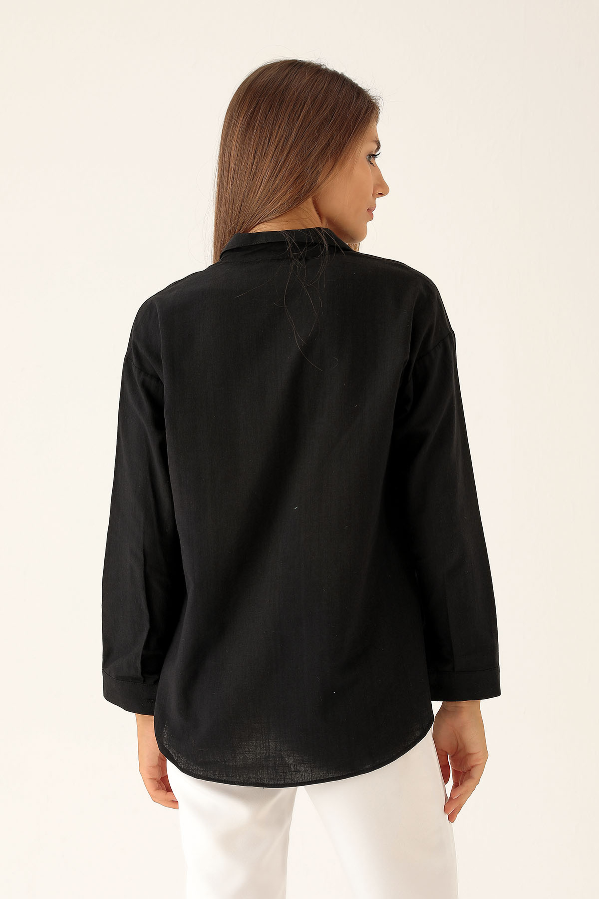 Çift Cep Keten Bayan Gömlek - 6496A Siyah - 4