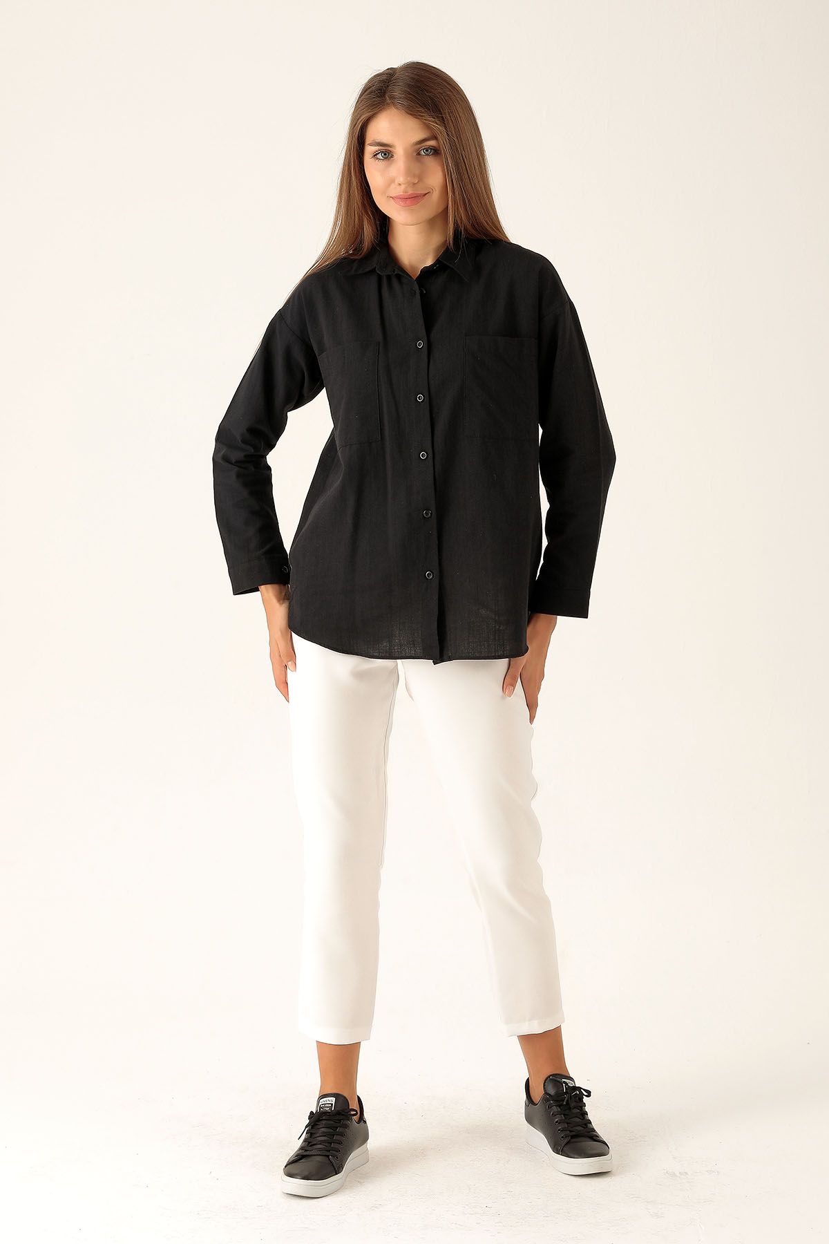Çift Cep Keten Bayan Gömlek - 6496A Siyah - 5