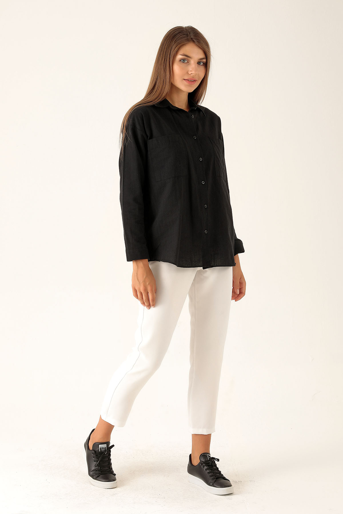 Çift Cep Keten Bayan Gömlek - 6496A Siyah - 6