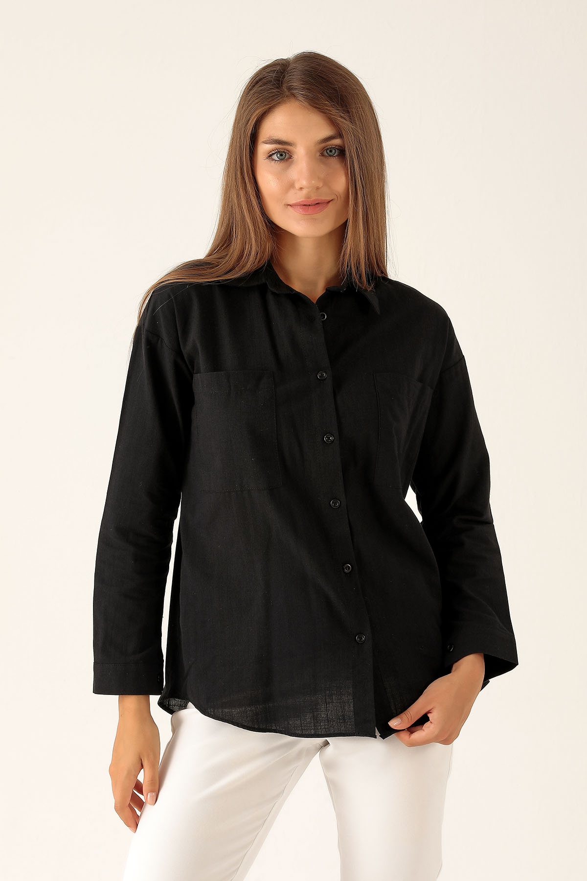 Çift Cep Keten Bayan Gömlek - 6496A Siyah - 2