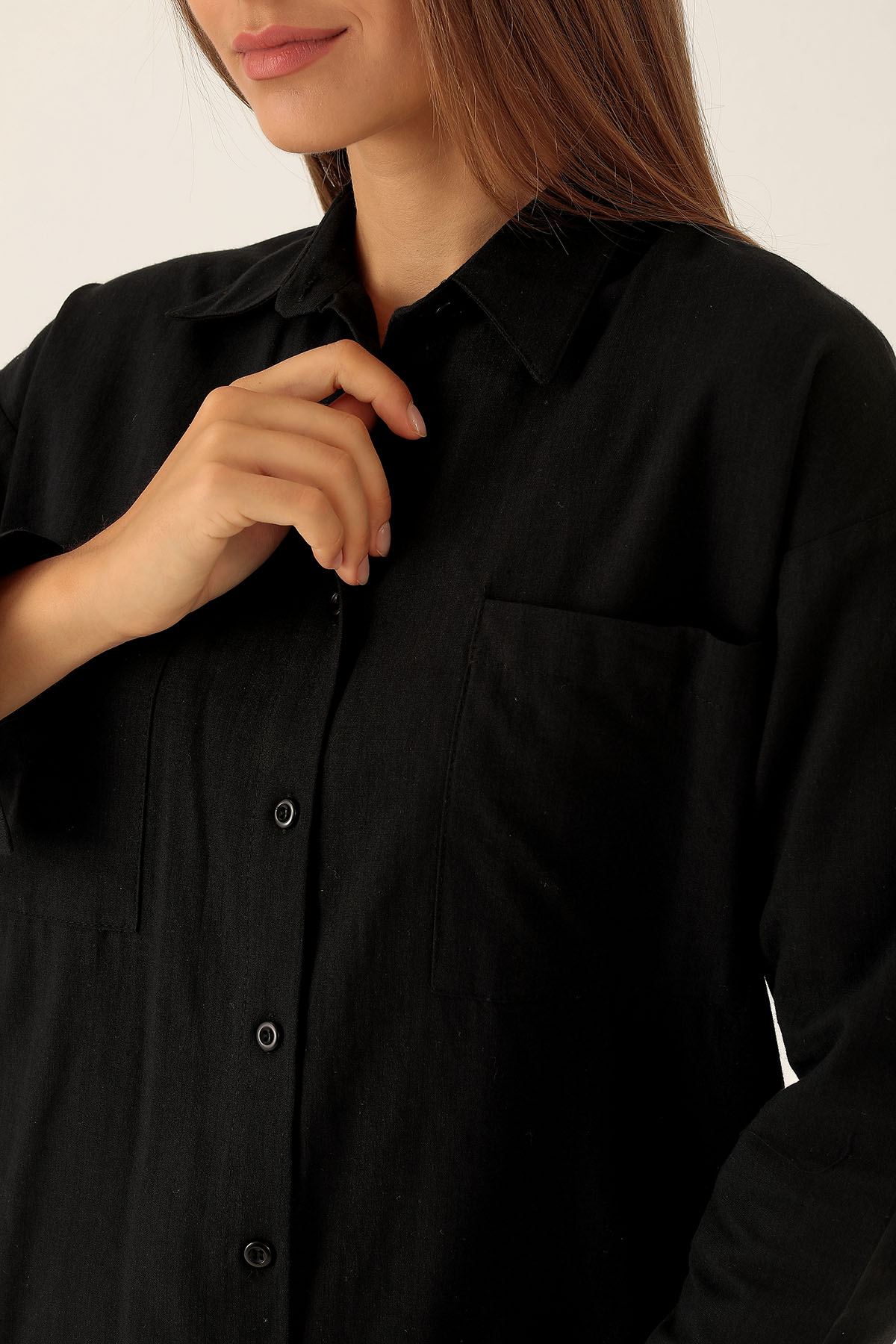 Çift Cep Keten Bayan Gömlek - 6496A Siyah - 1