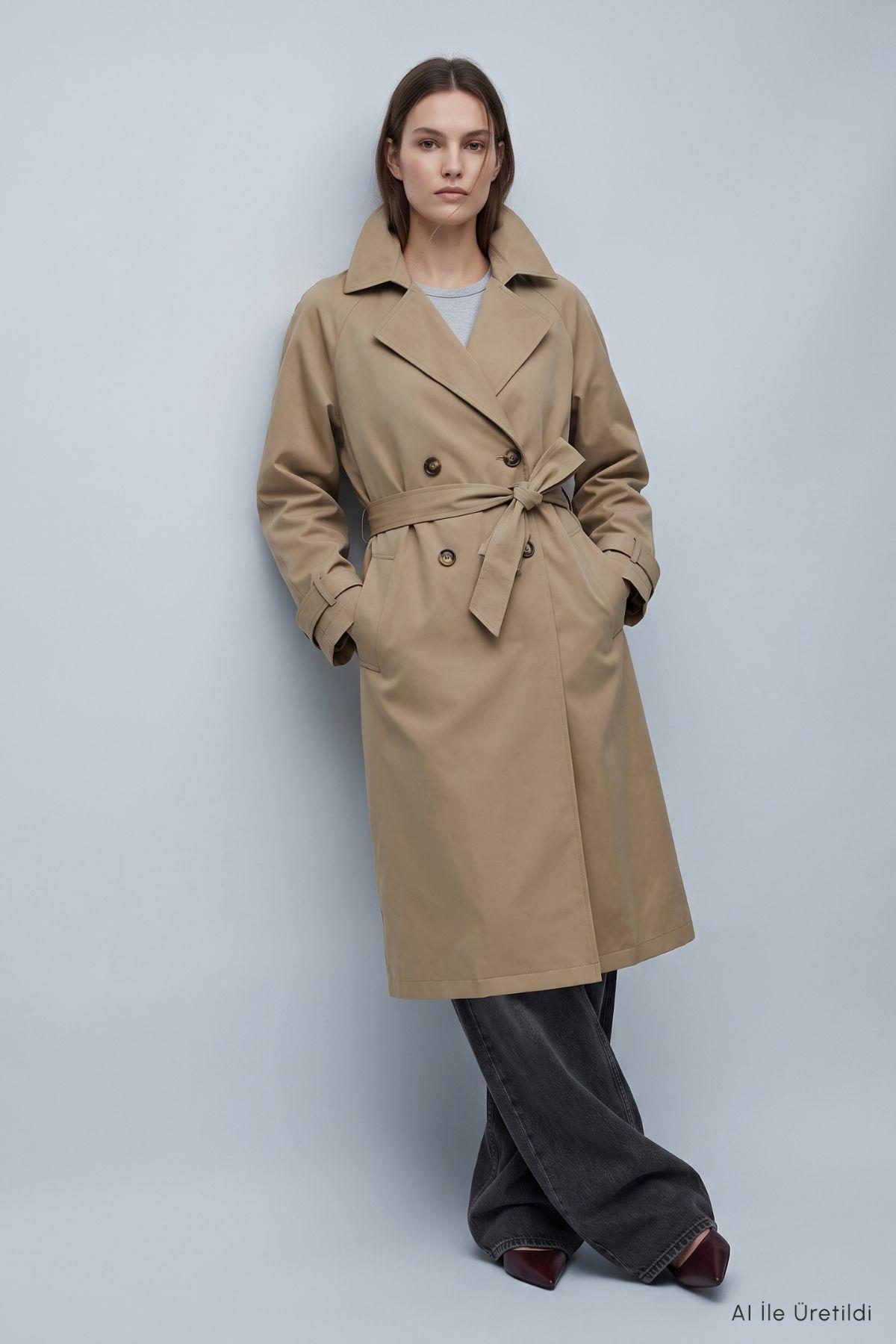 Çift Düğmeli Oversize Trençkot 277 Bej - 1