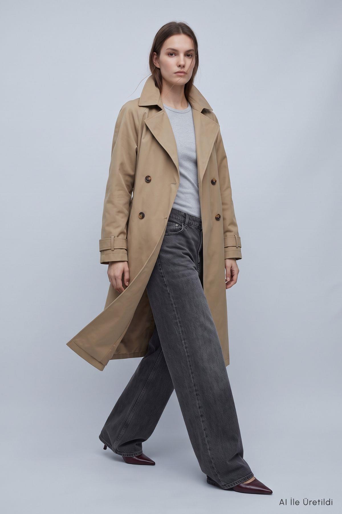 Çift Düğmeli Oversize Trençkot 277 Bej - RAYS