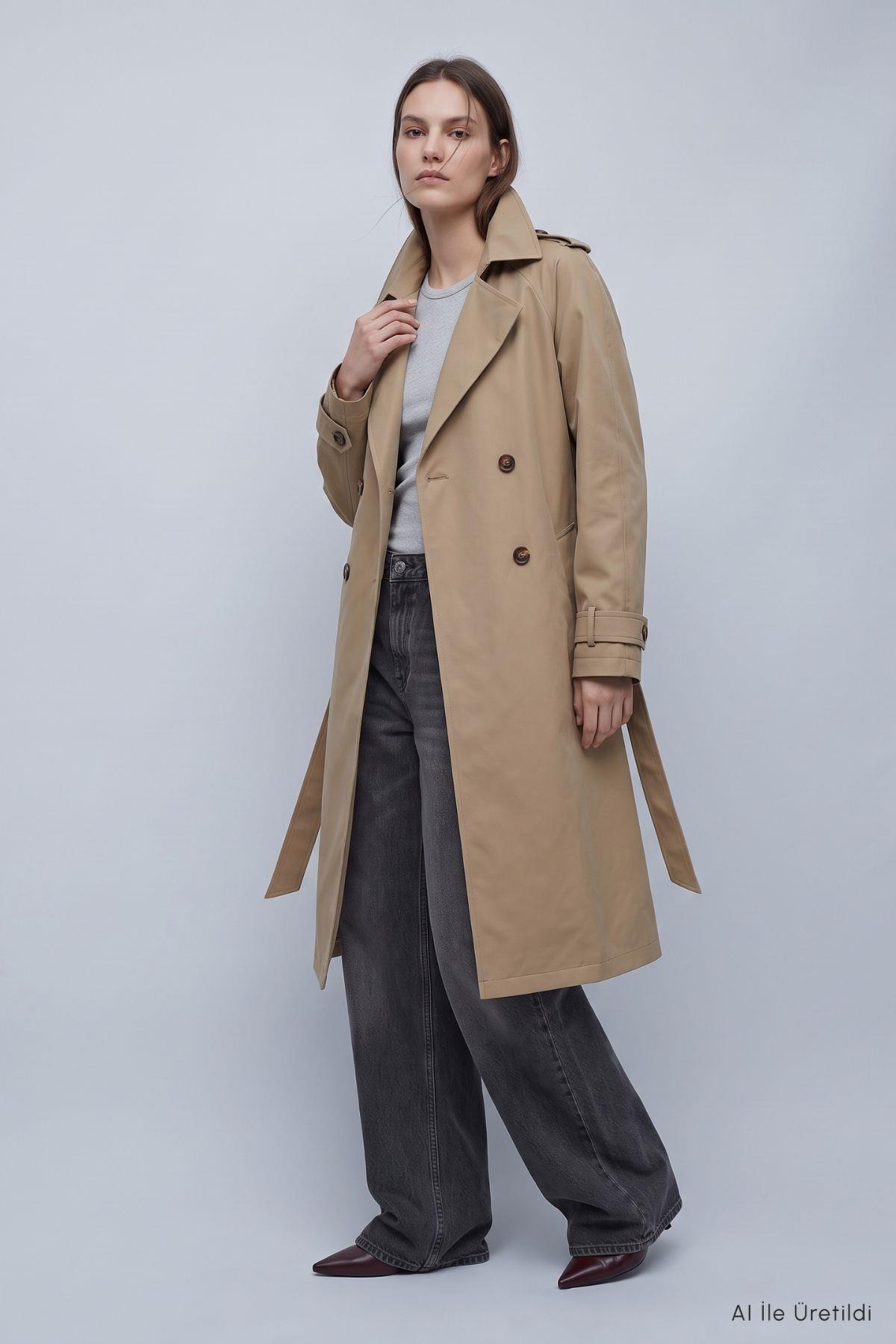 Çift Düğmeli Oversize Trençkot 277 Bej - 4