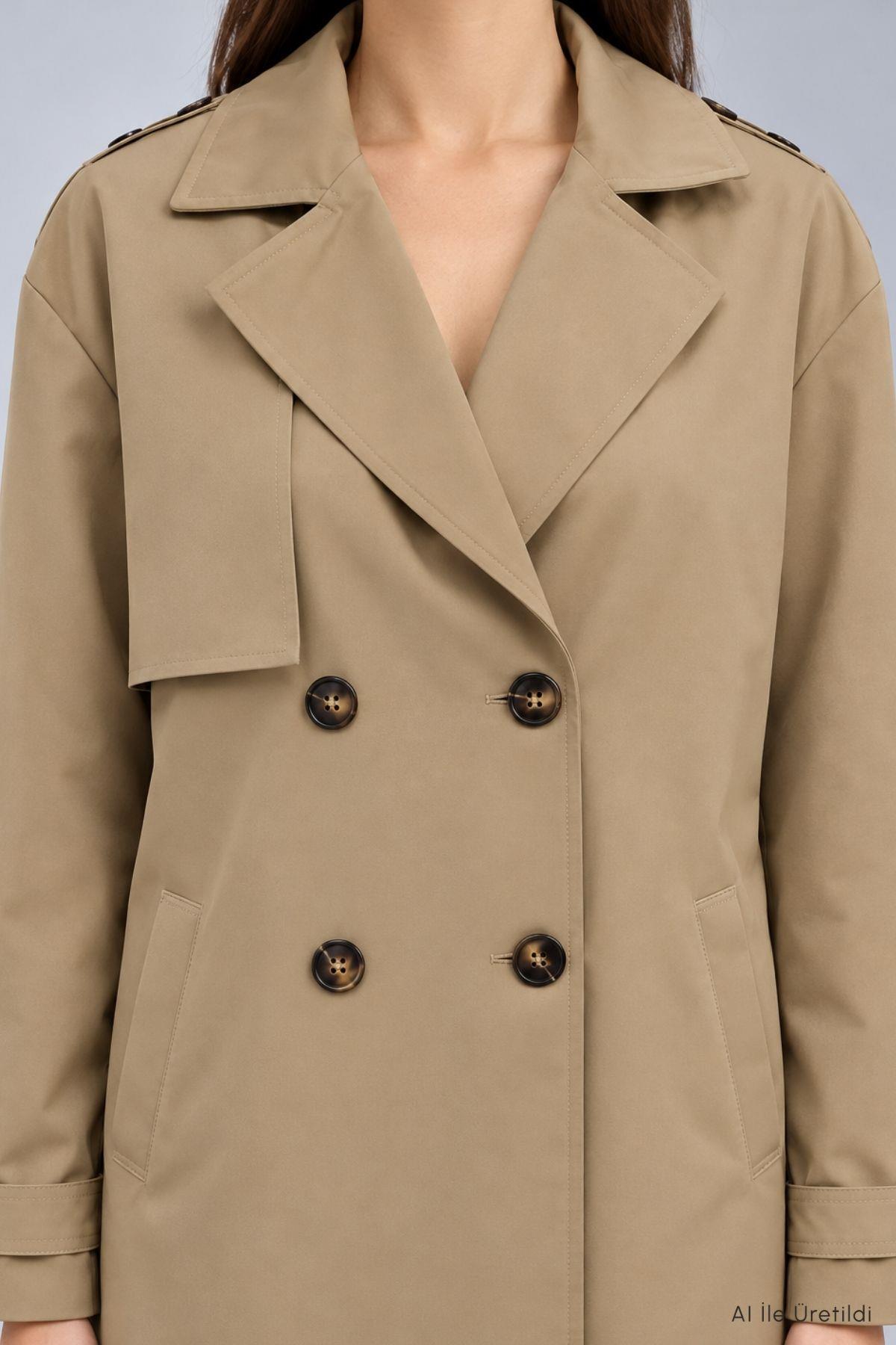 Çift Düğmeli Oversize Trençkot 277 Bej - 5