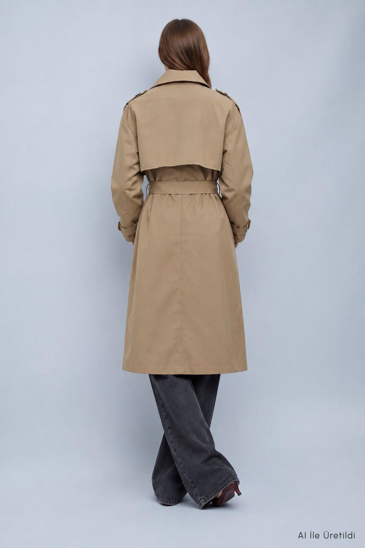 Çift Düğmeli Oversize Trençkot 277 Bej - 6