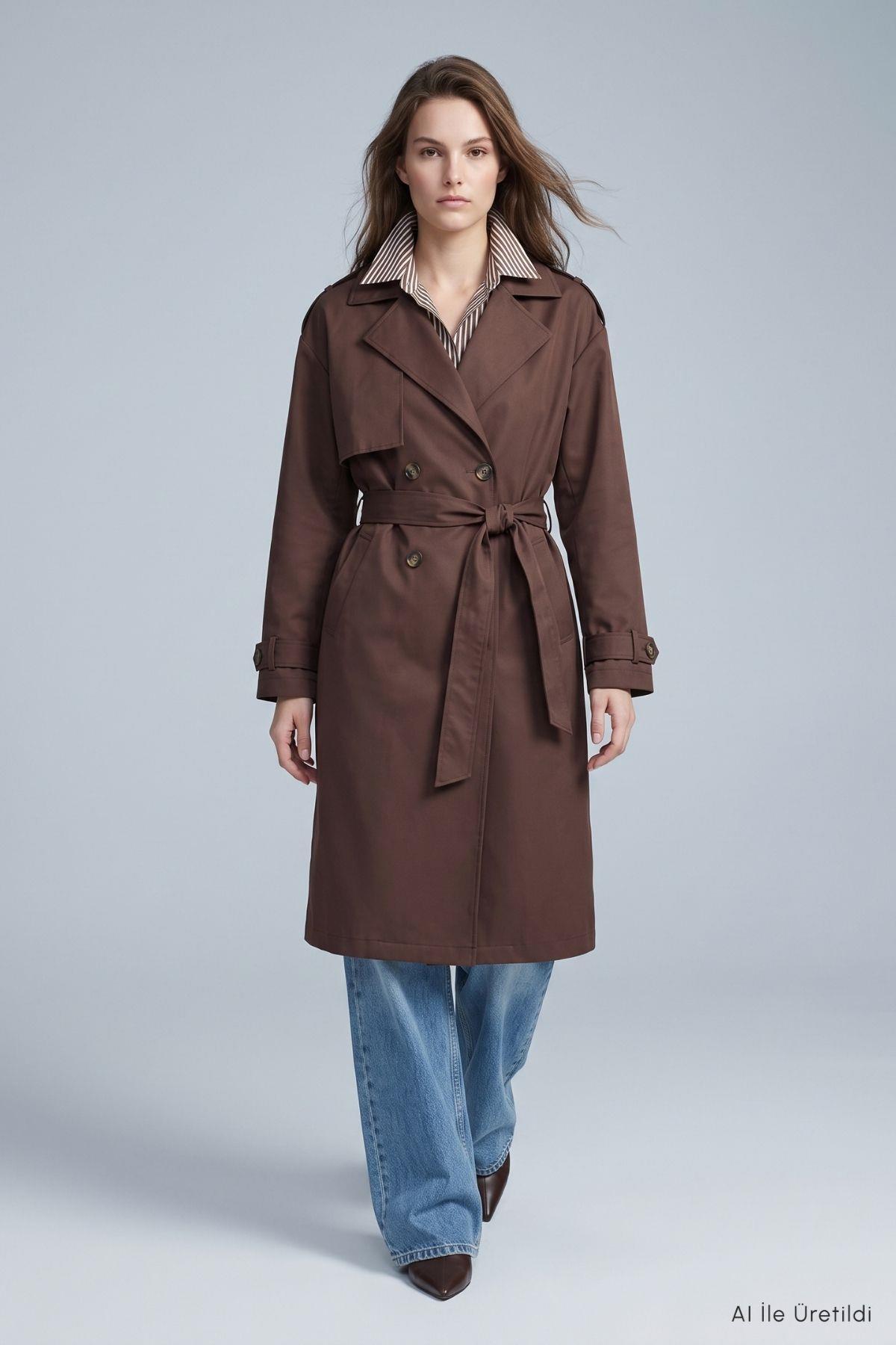 Çift Düğmeli Oversize Trençkot 277 Kahve - RAYS