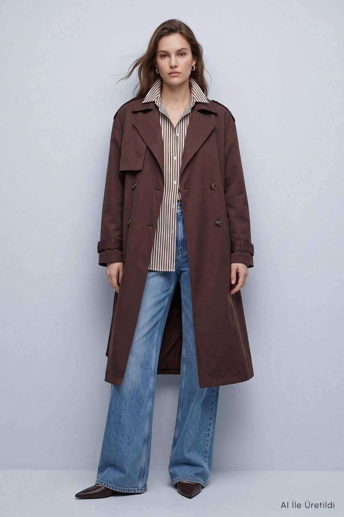 Çift Düğmeli Oversize Trençkot 277 Kahve - RAYS