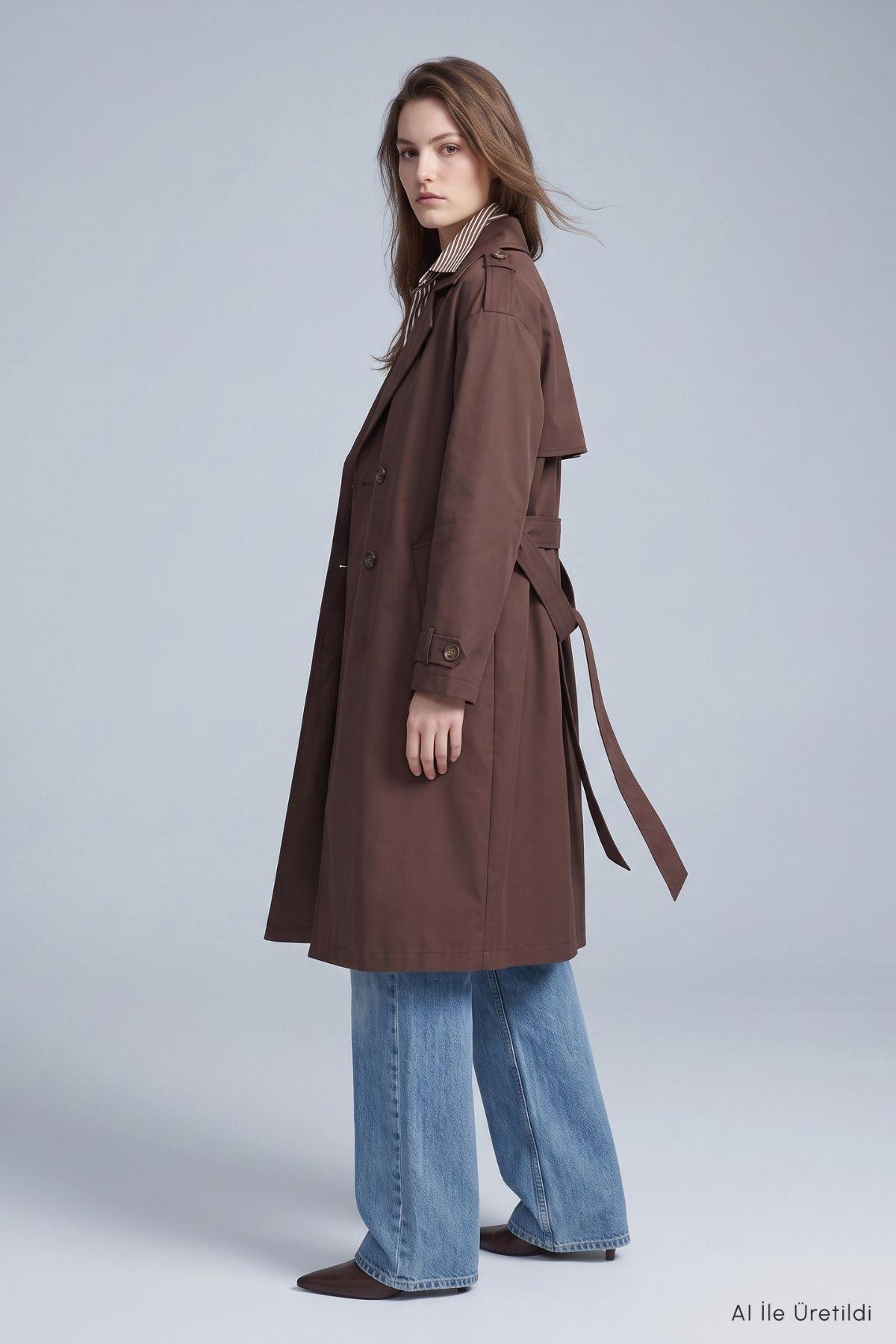 Çift Düğmeli Oversize Trençkot 277 Kahve - 4