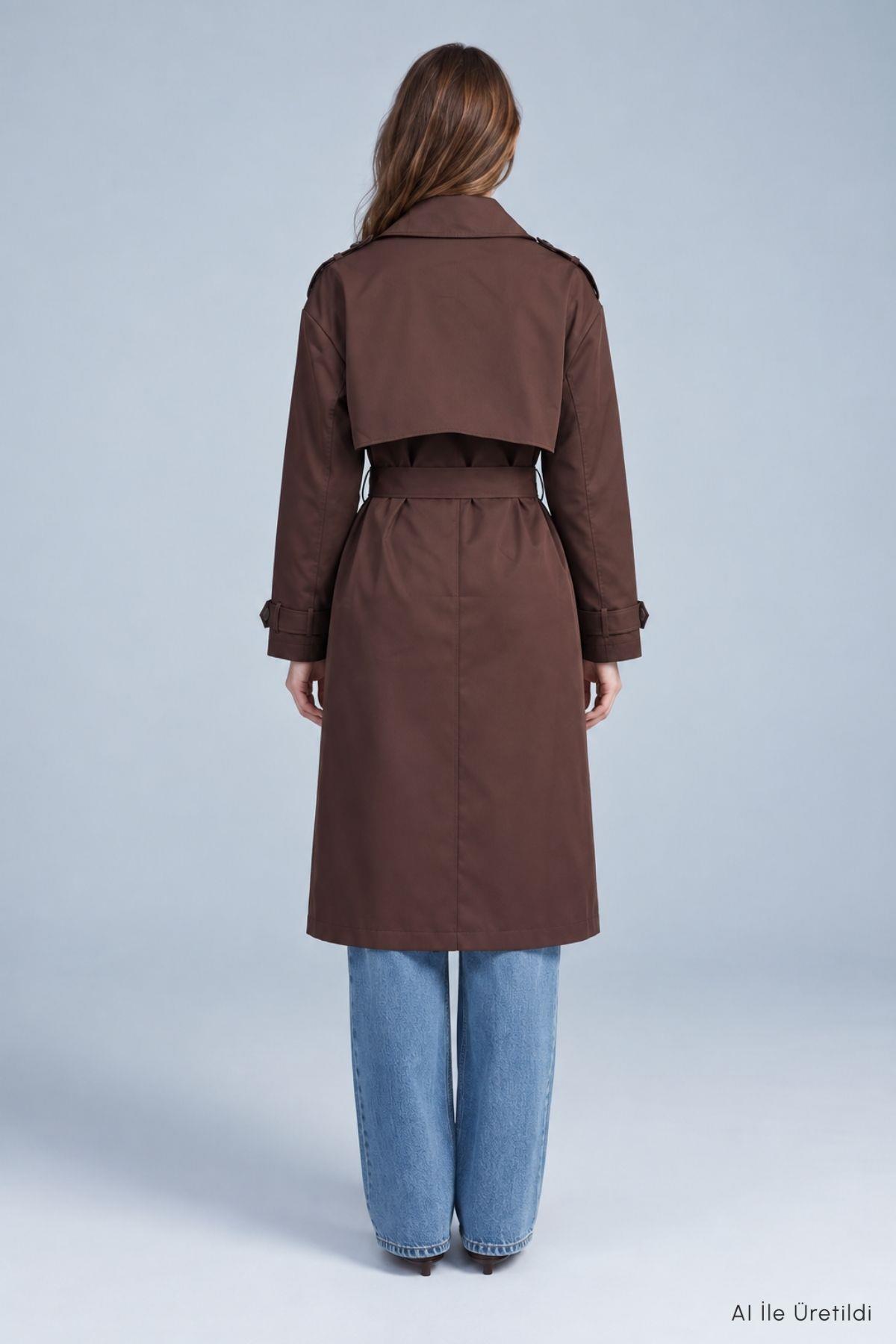 Çift Düğmeli Oversize Trençkot 277 Kahve - 6