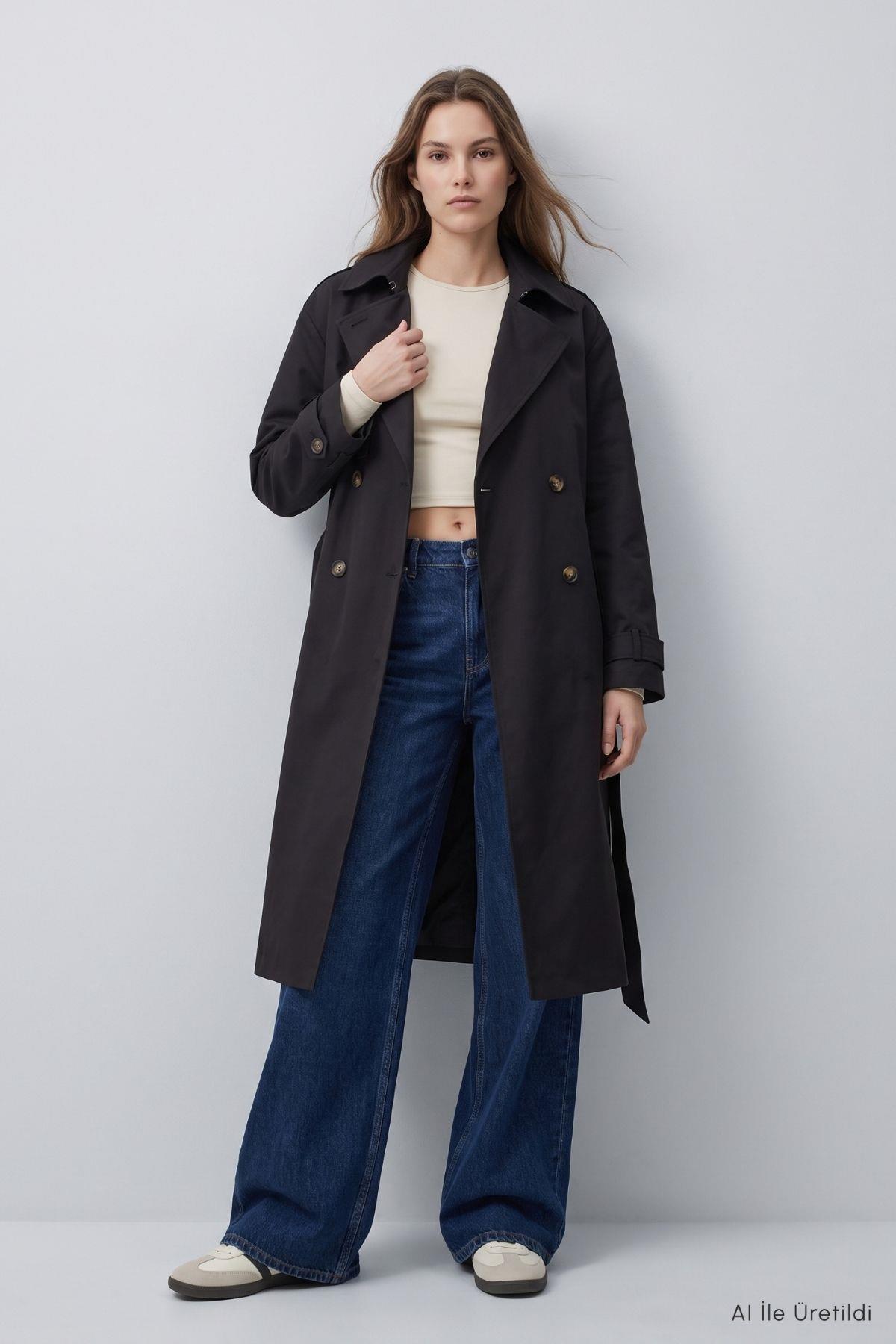 Çift Düğmeli Oversize Trençkot 277 Siyah - RAYS