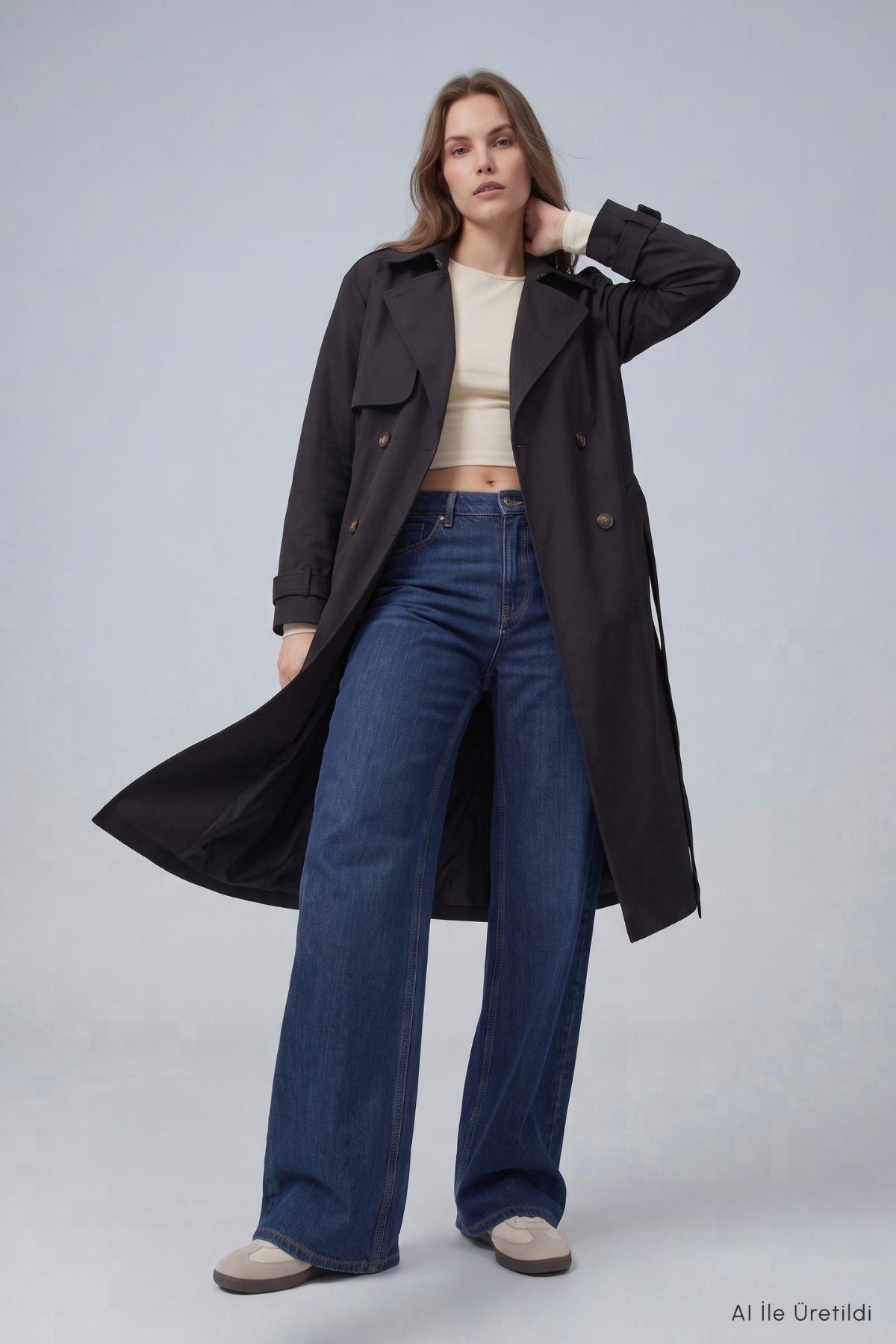 Çift Düğmeli Oversize Trençkot 277 Siyah - 5