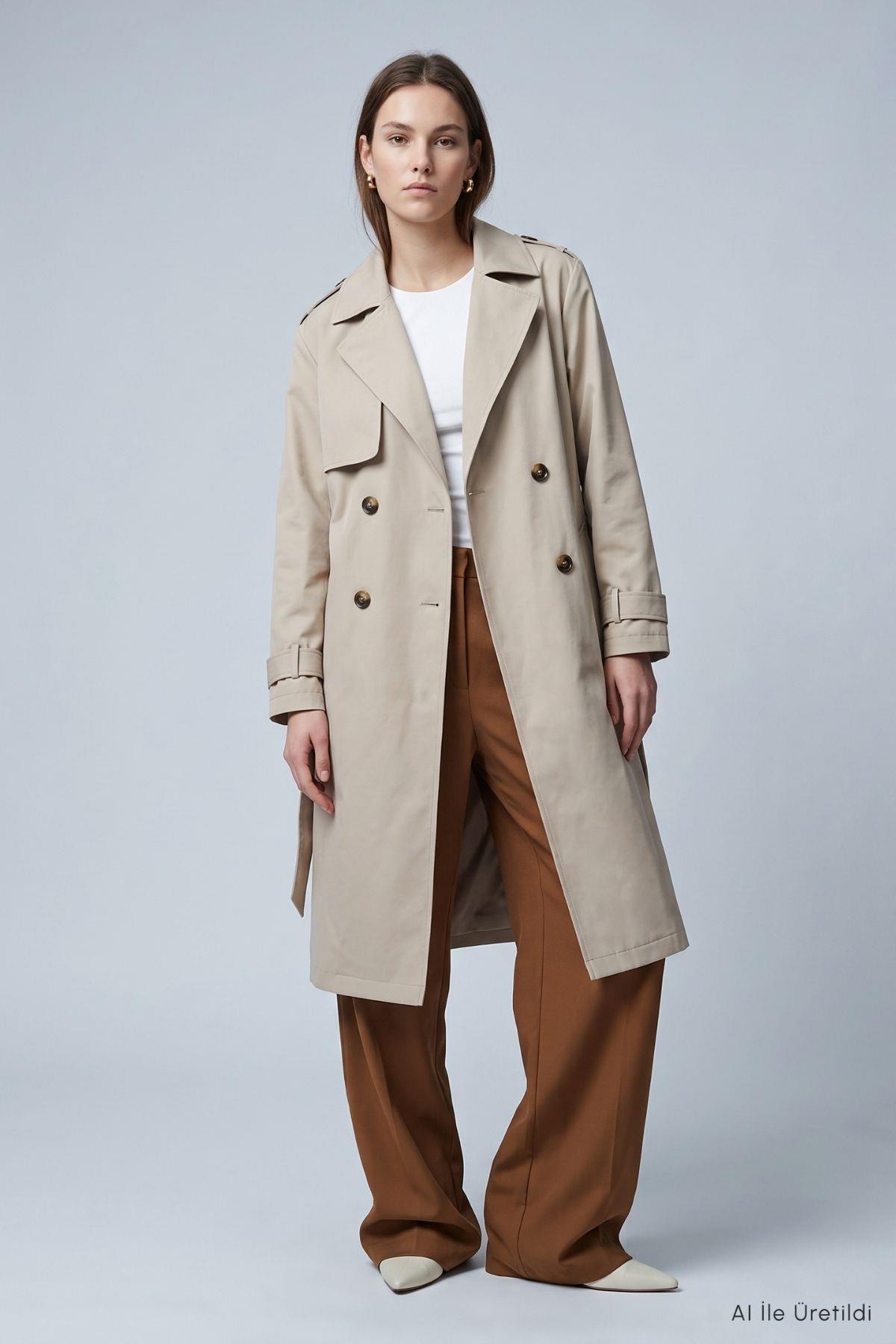 Çift Düğmeli Oversize Trençkot 277 Taş - RAYS