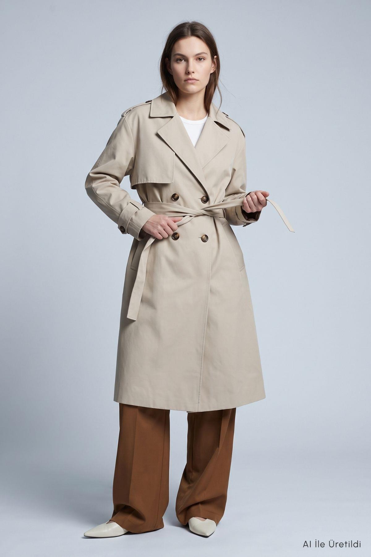 Çift Düğmeli Oversize Trençkot 277 Taş - 4