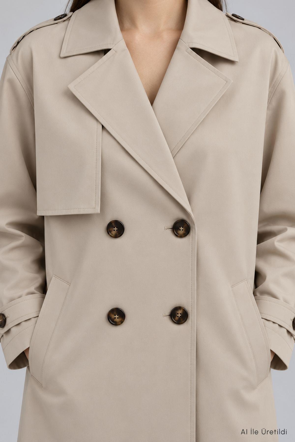 Çift Düğmeli Oversize Trençkot 277 Taş - 5