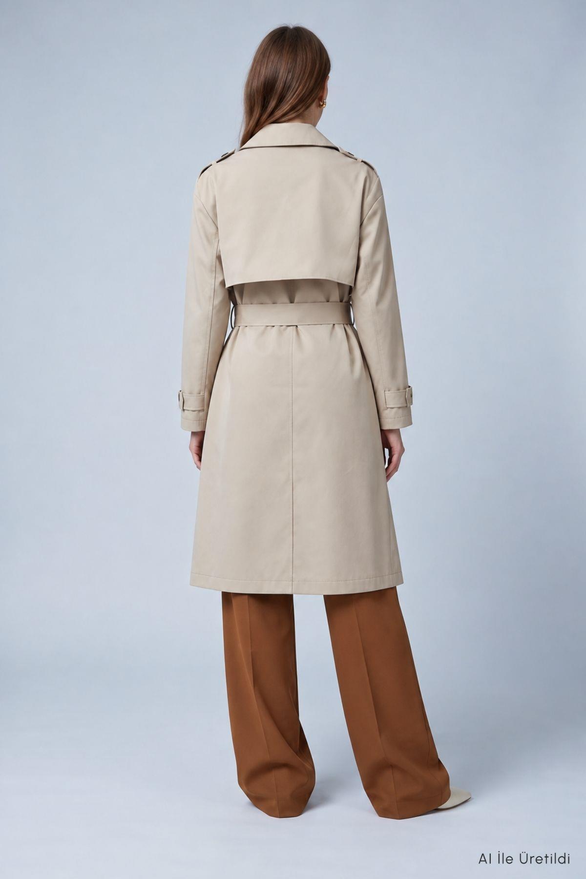 Çift Düğmeli Oversize Trençkot 277 Taş - 6