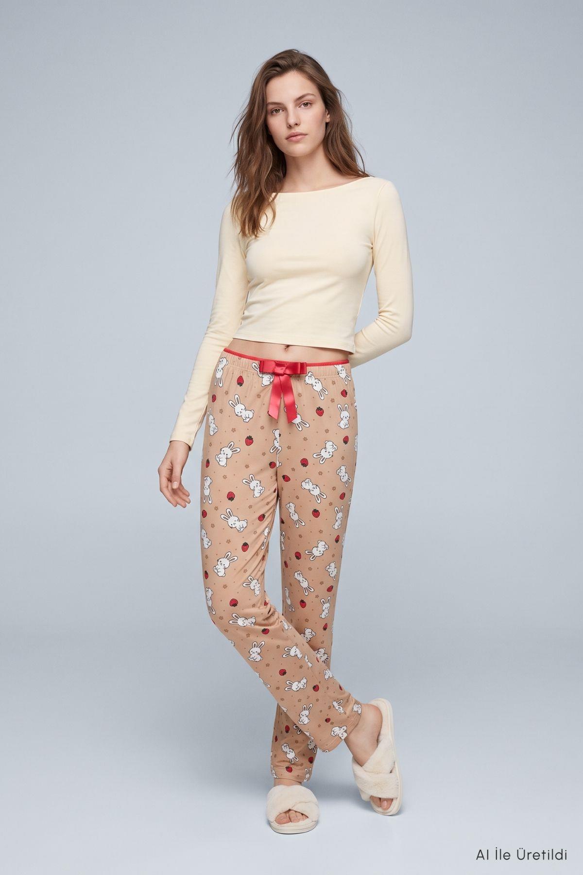 Çilekli Tavşan Desen Pijama 4553 Bisküvi - 1