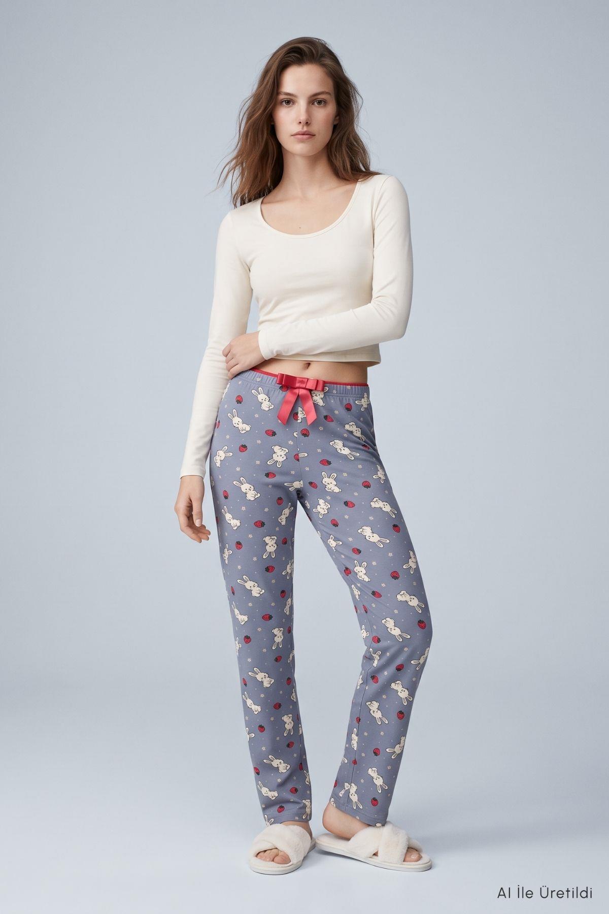 Çilekli Tavşan Desen Pijama 4553 Gri - 1