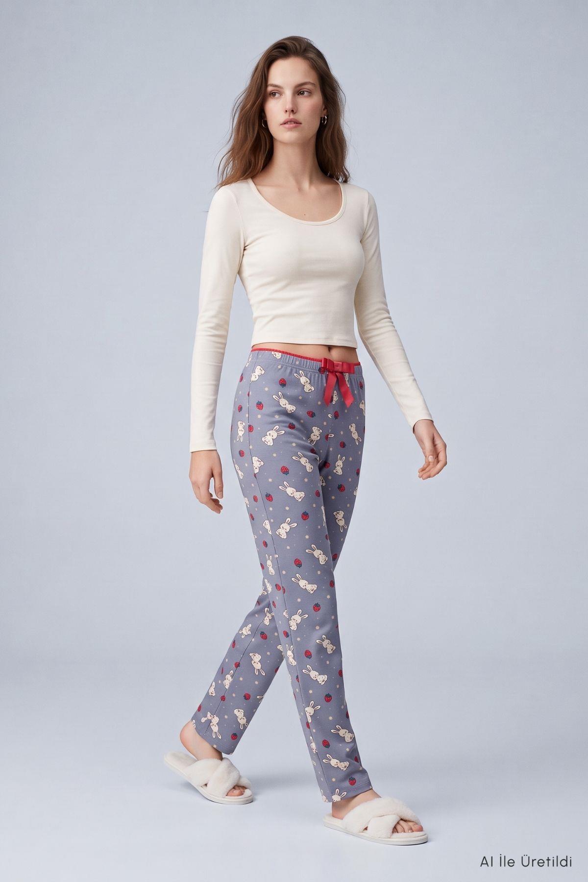 Çilekli Tavşan Desen Pijama 4553 Gri - Rays