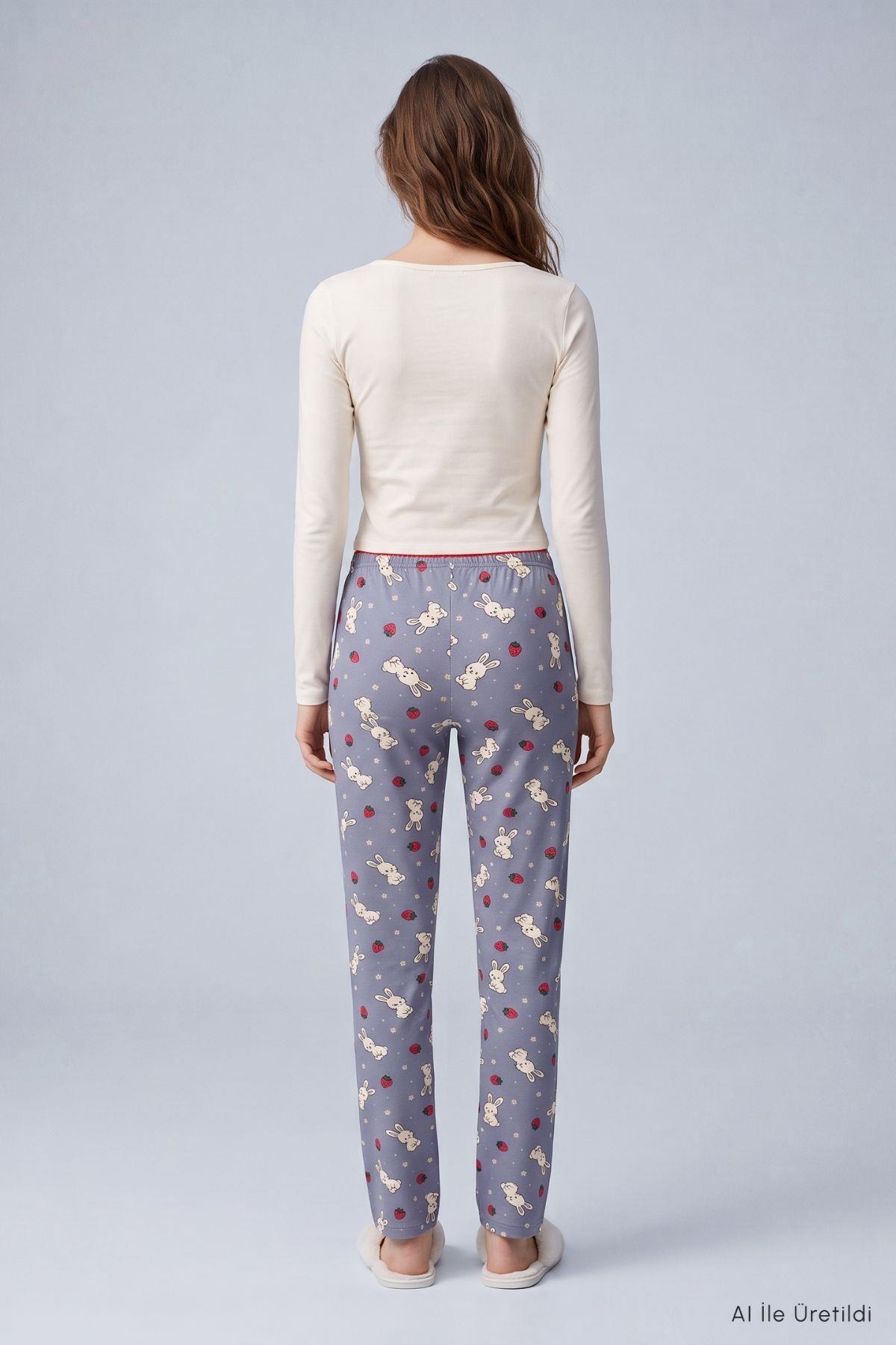 Çilekli Tavşan Desen Pijama 4553 Gri - 3