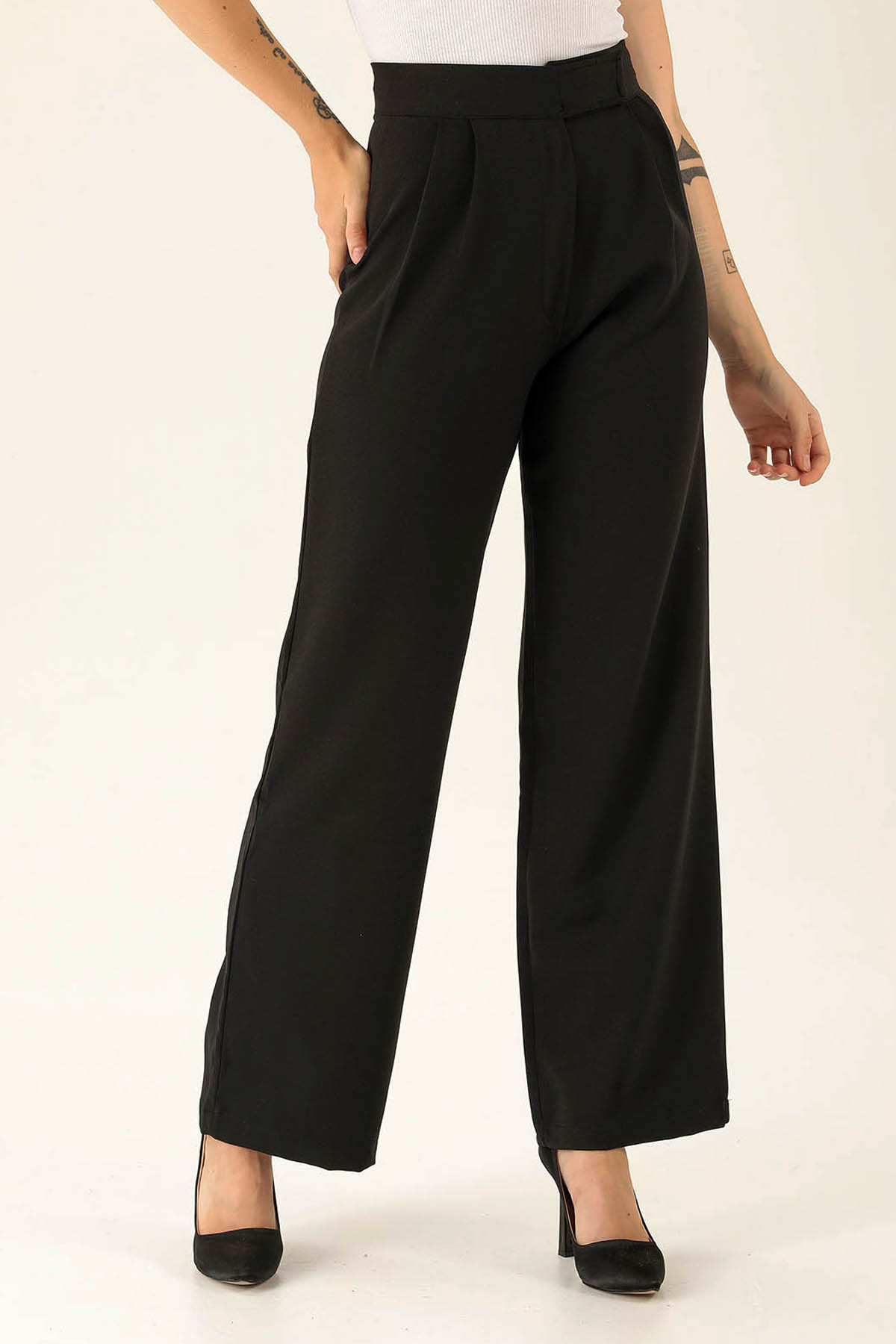 Cırtlı Palazzo Bayan Pantolon - 9474 Siyah - 3