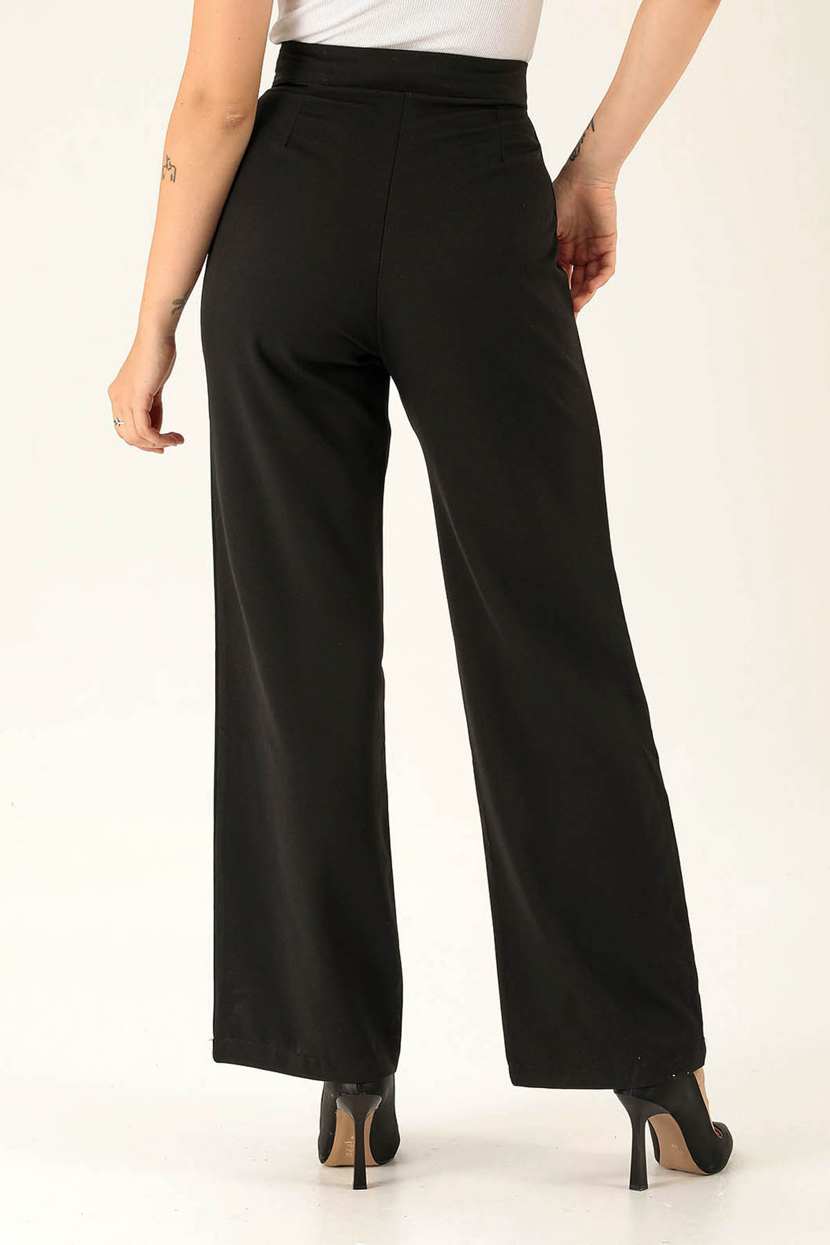Cırtlı Palazzo Bayan Pantolon - 9474 Siyah - 5