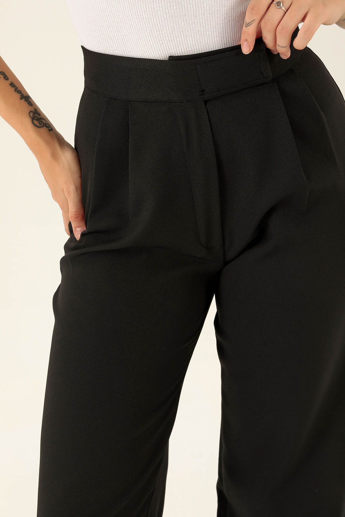 Cırtlı Palazzo Bayan Pantolon - 9474 Siyah - 6