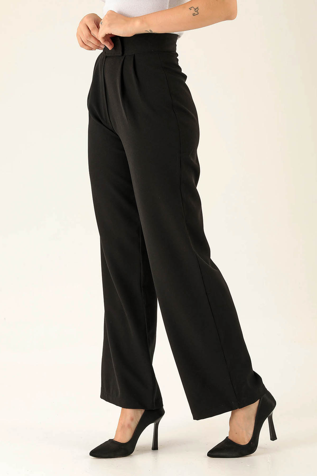 Cırtlı Palazzo Bayan Pantolon - 9474 Siyah - 4