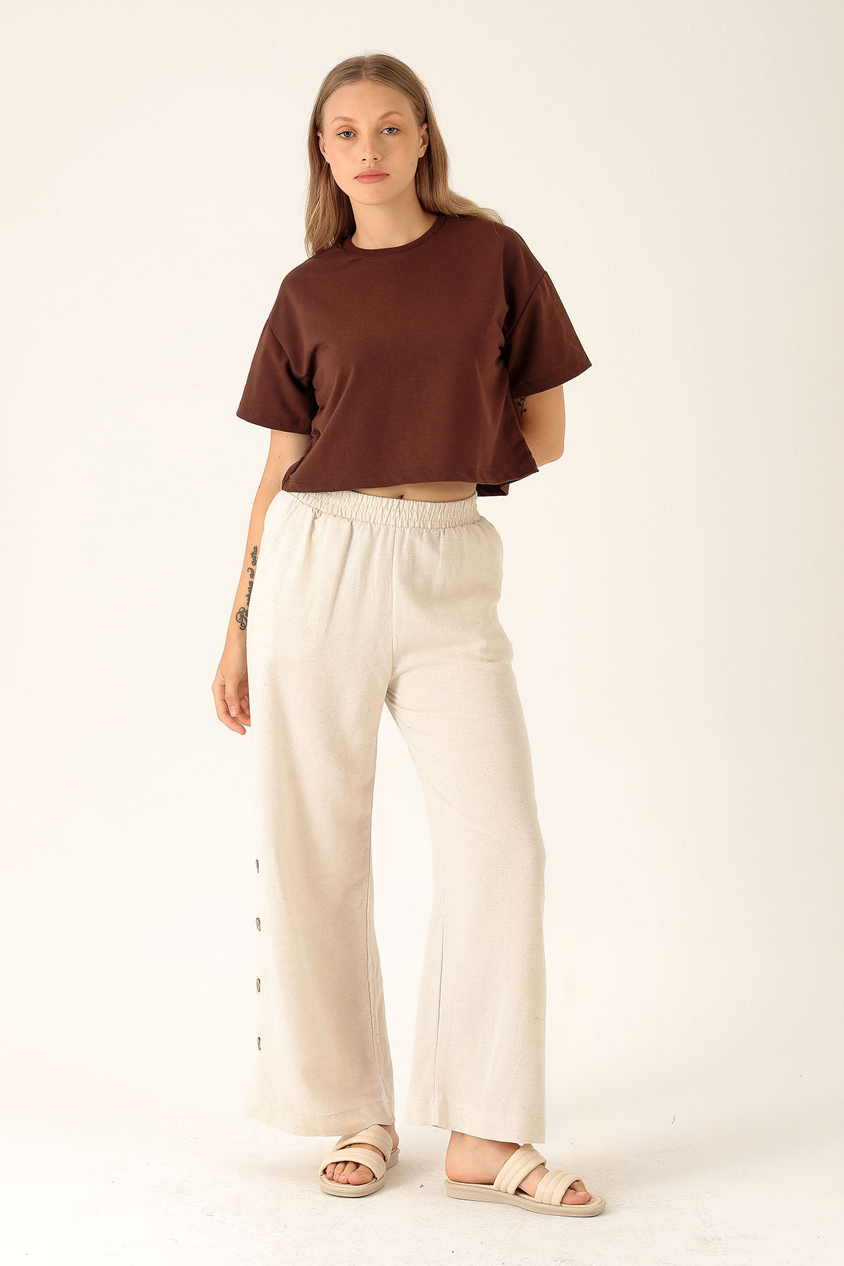 Çıtçıtlı Keten Bayan Pantolon - 1456-1 Natural - 2