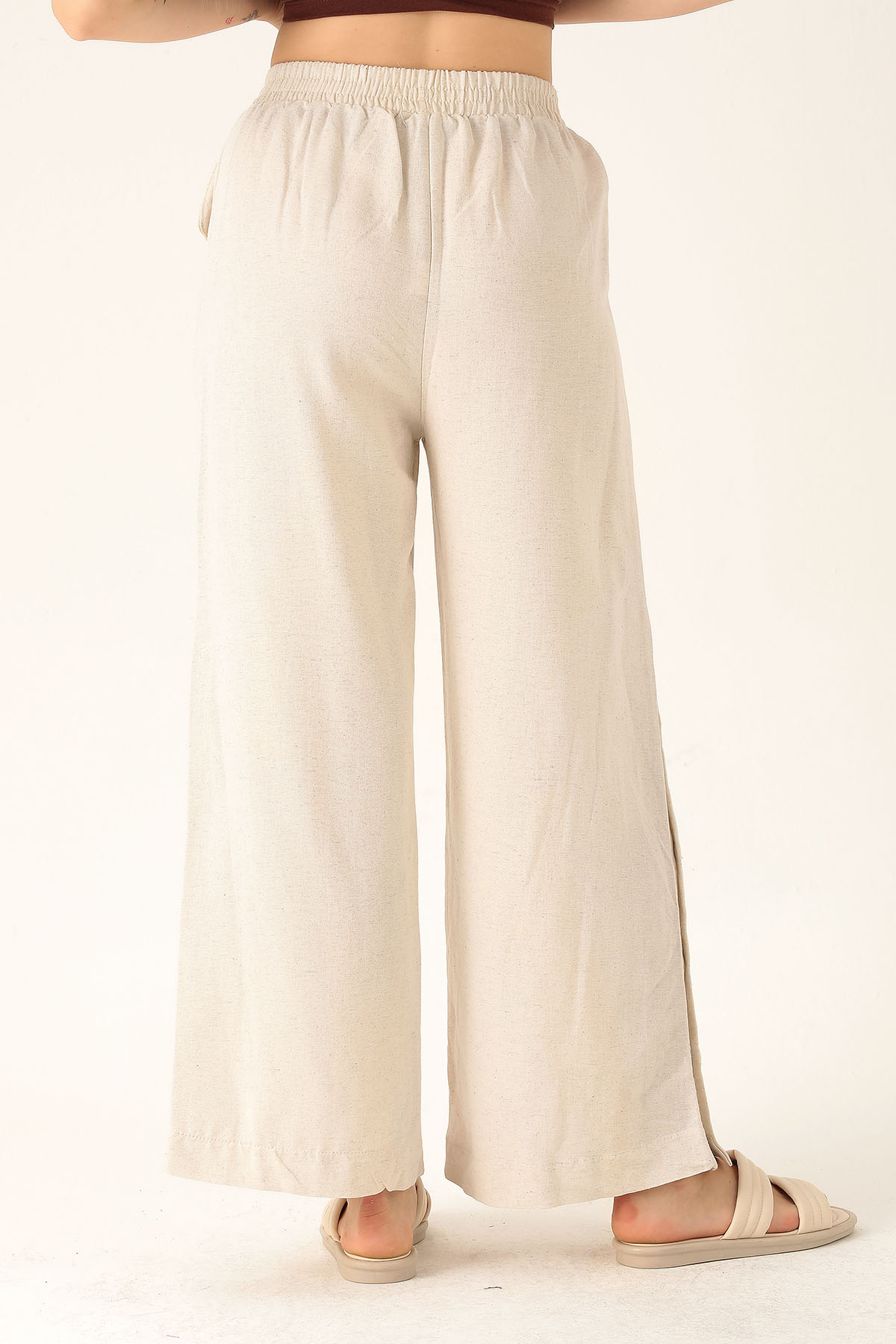 Çıtçıtlı Keten Bayan Pantolon - 1456-1 Natural - 5
