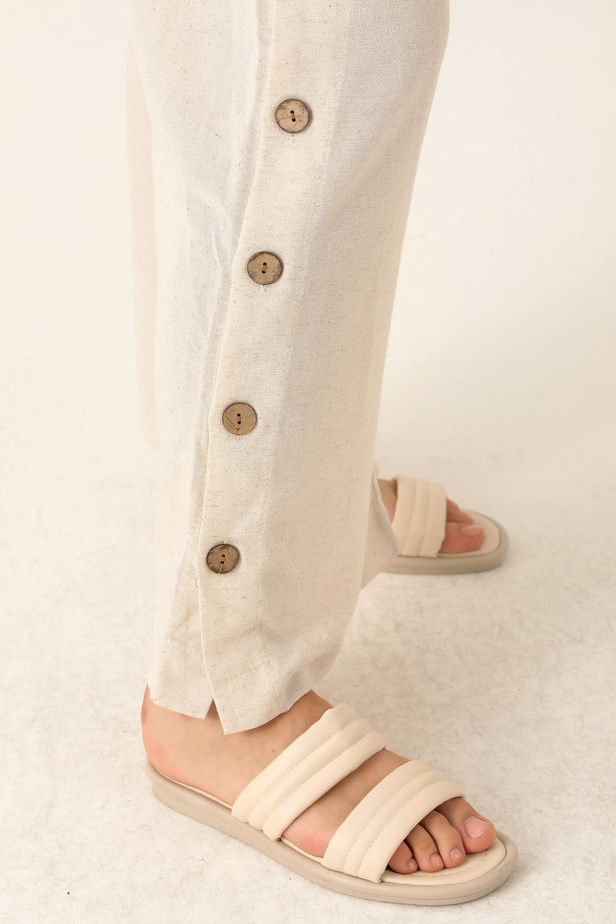 Çıtçıtlı Keten Bayan Pantolon - 1456-1 Natural - 6