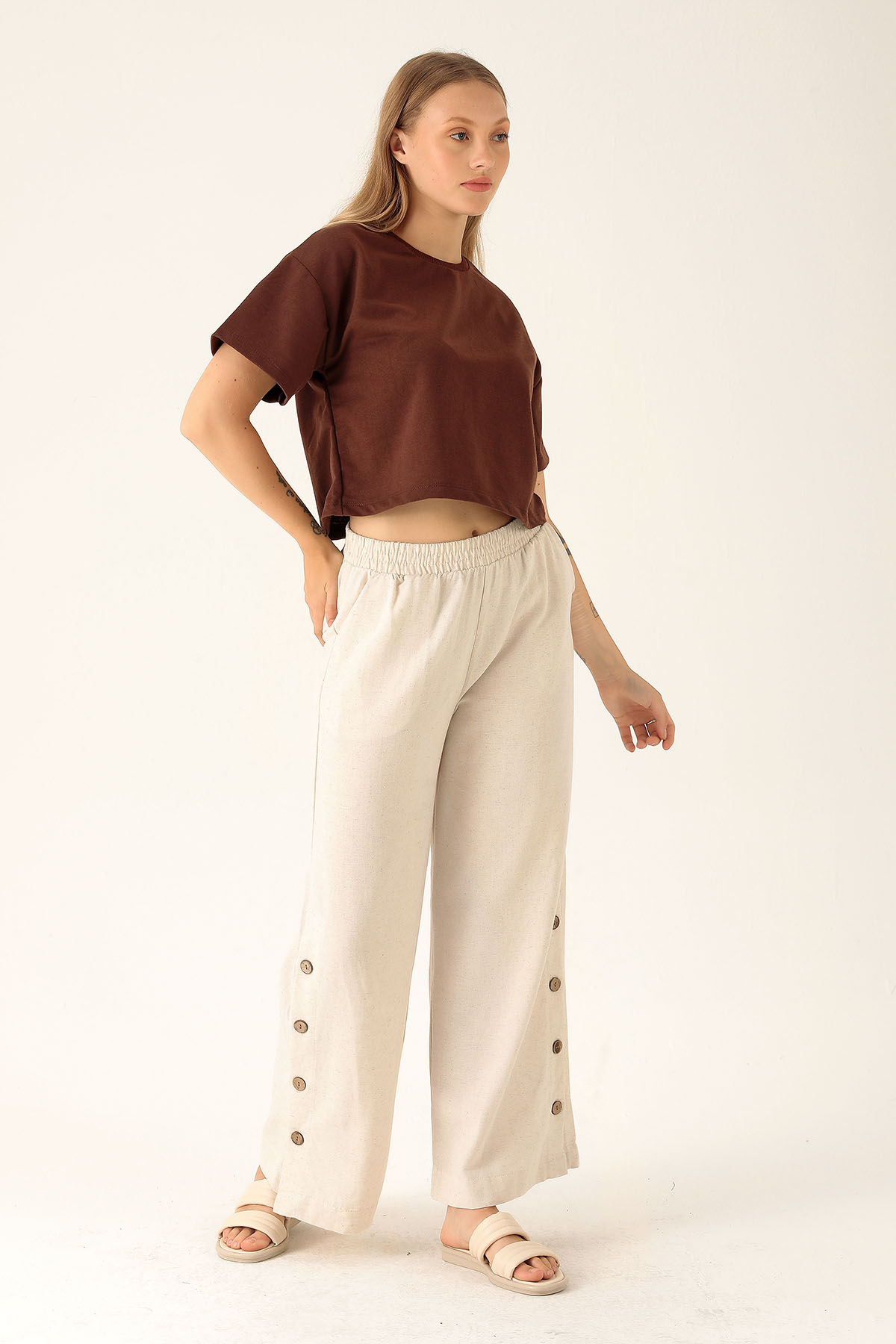 Çıtçıtlı Keten Bayan Pantolon - 1456-1 Natural - 1