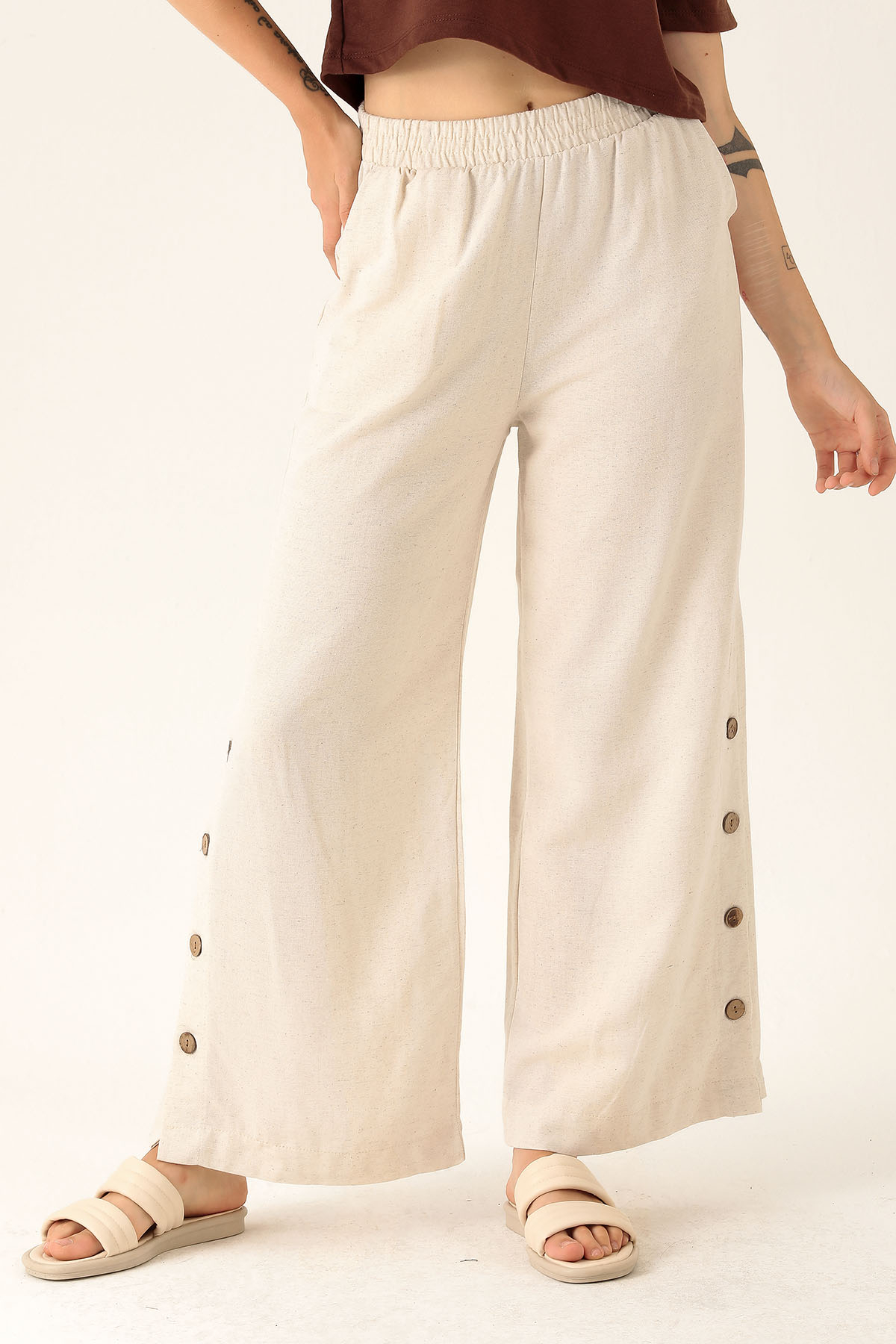 Çıtçıtlı Keten Bayan Pantolon - 1456-1 Natural - 3
