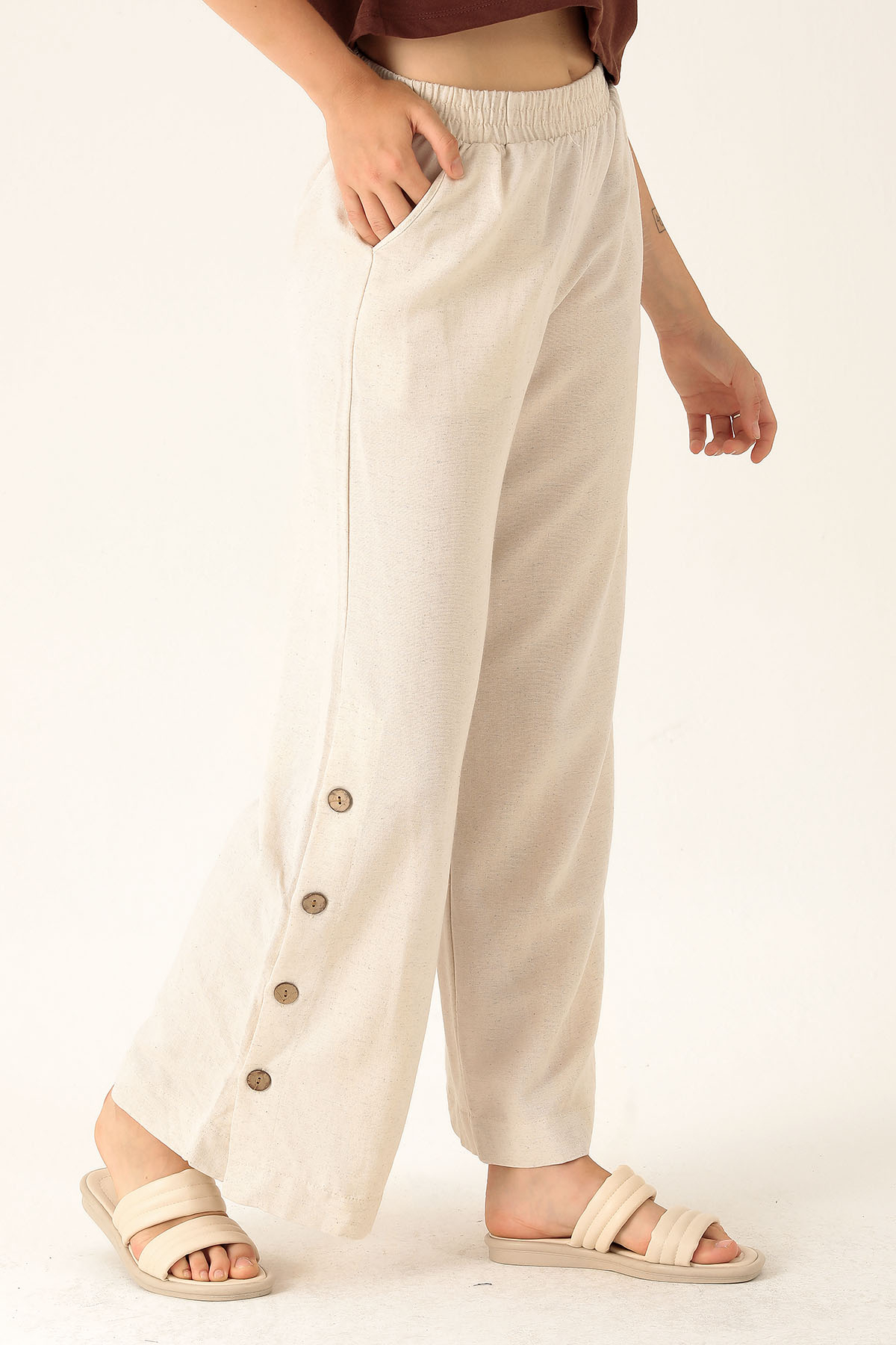 Çıtçıtlı Keten Bayan Pantolon - 1456-1 Natural - 4