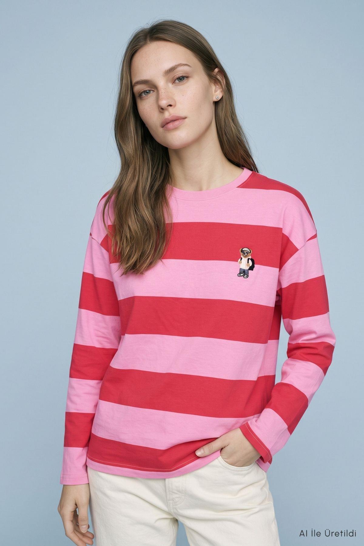 Çizgili Ayıcık Baskı Sweatshirt 6206 Pembe - Kırmızı - Rays