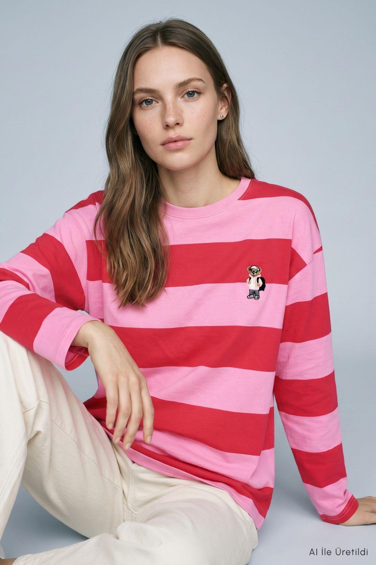 Çizgili Ayıcık Baskı Sweatshirt 6206 Pembe - Kırmızı - Rays (1)