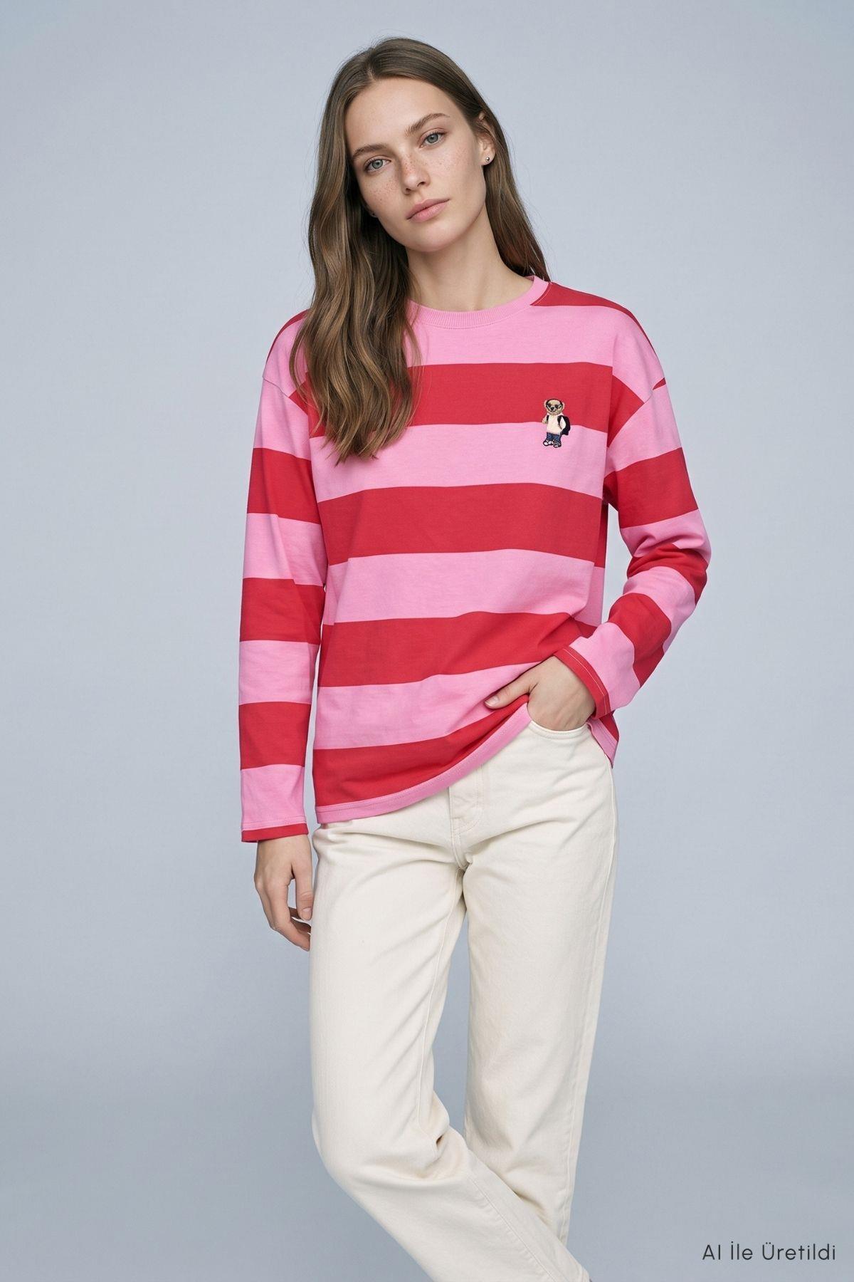 Çizgili Ayıcık Baskı Sweatshirt 6206 Pembe - Kırmızı - 3