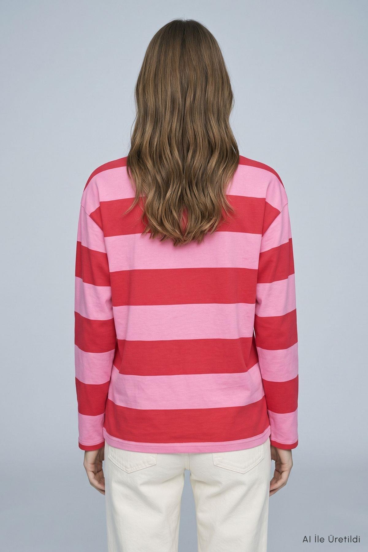 Çizgili Ayıcık Baskı Sweatshirt 6206 Pembe - Kırmızı - 4