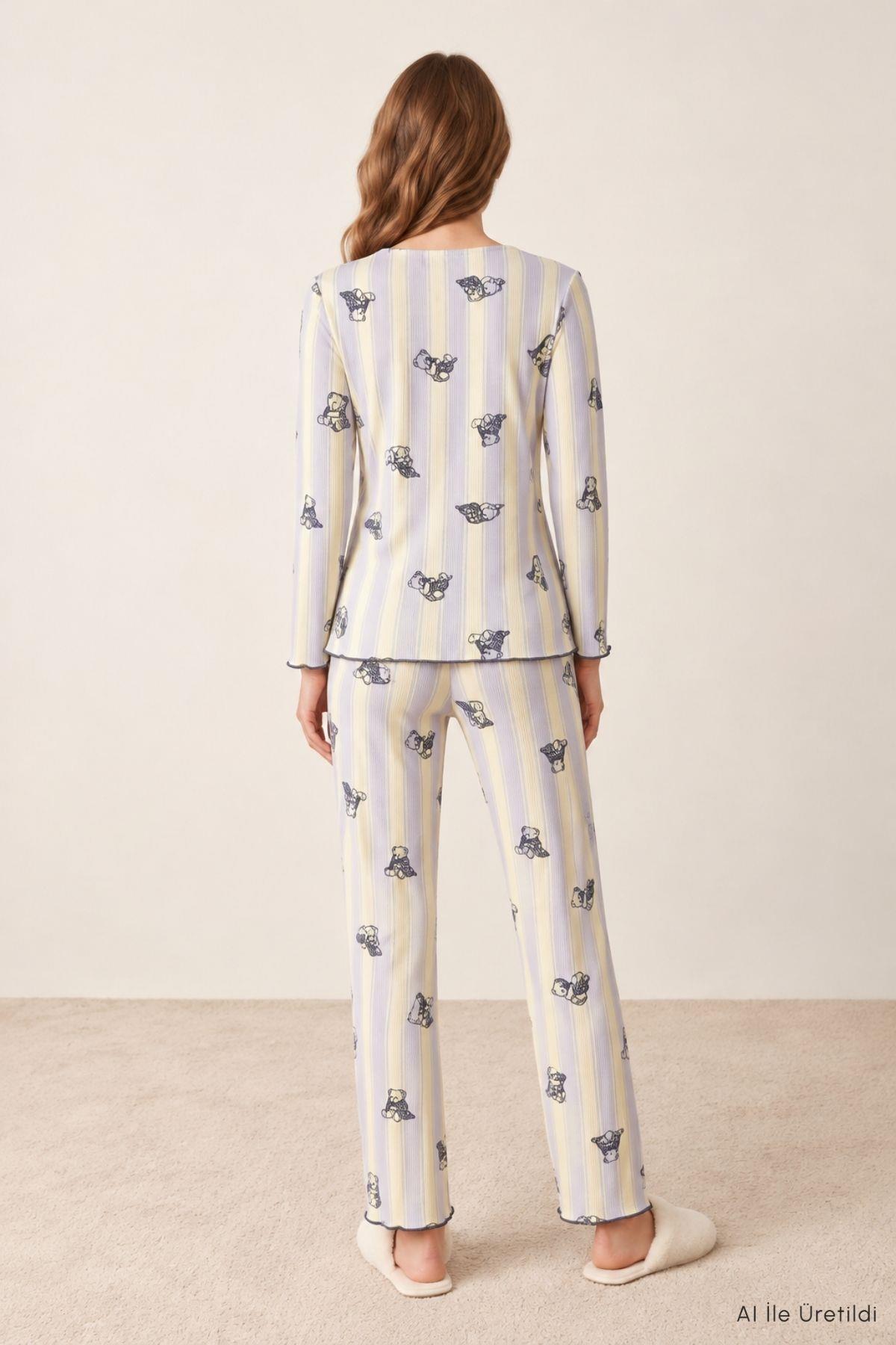 Çizgili Ayıcık Desen Pijama Takımı 0107 Gri - Rays