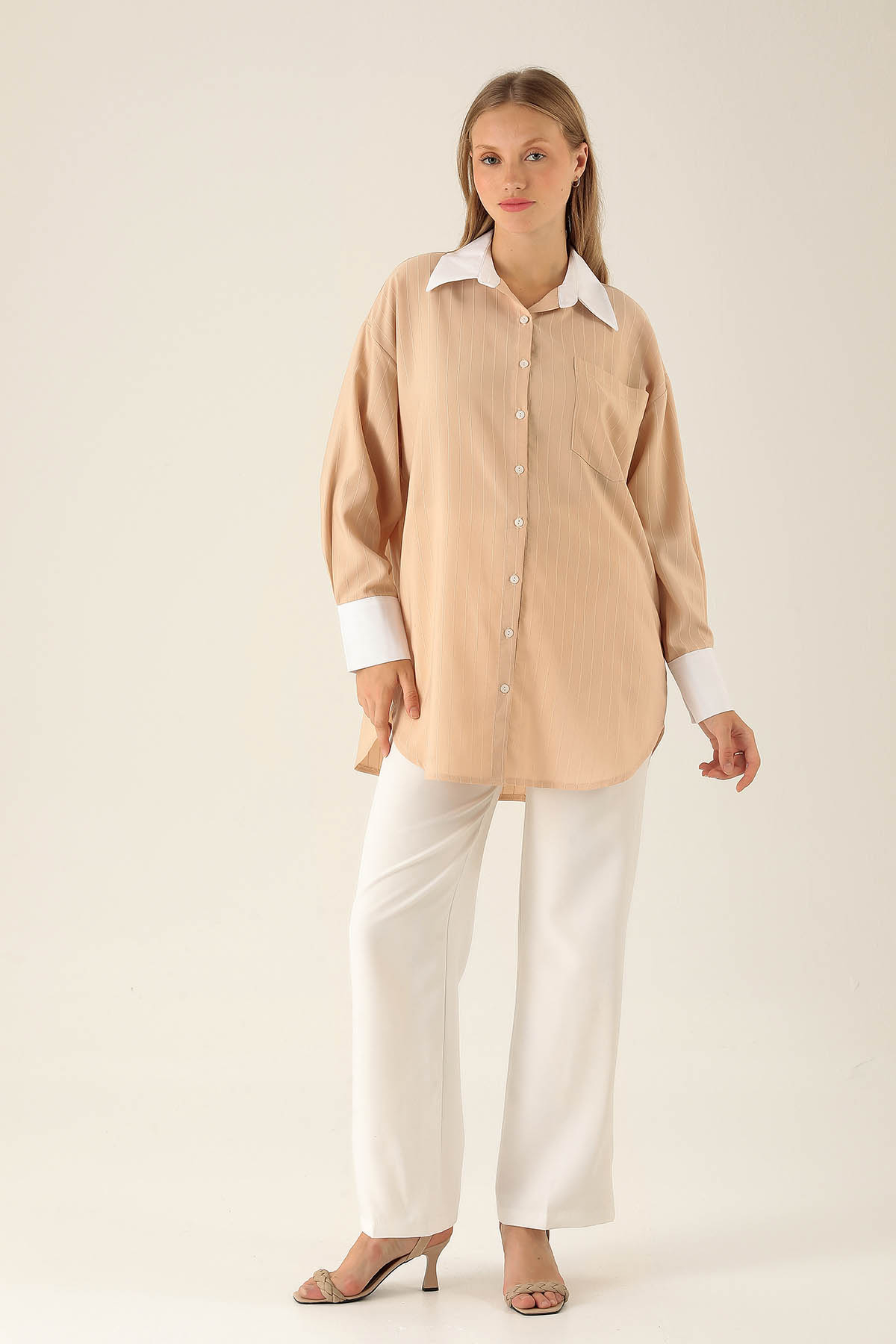 Çizgili Balon Kol Bayan Gömlek - 6672A Bej - 3