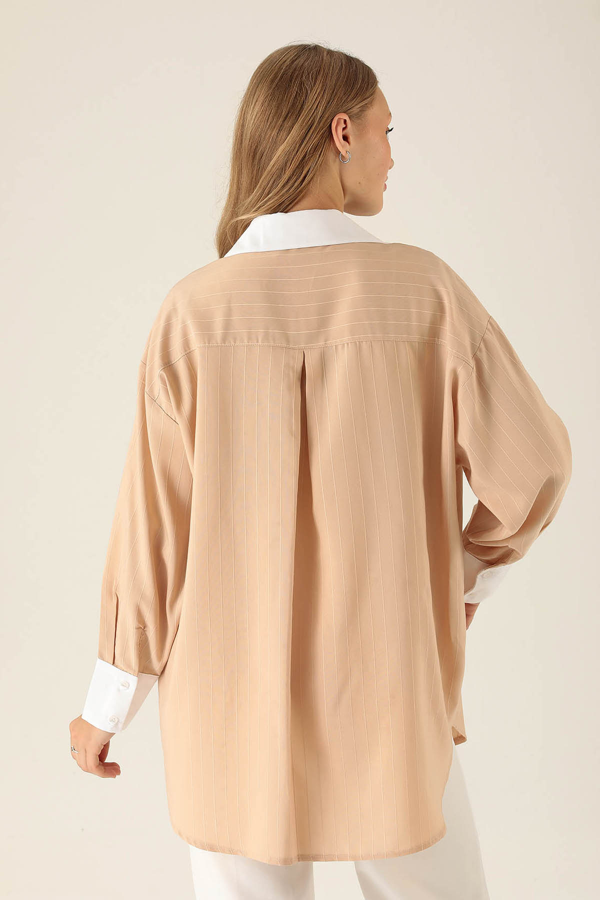 Çizgili Balon Kol Bayan Gömlek - 6672A Bej - 5