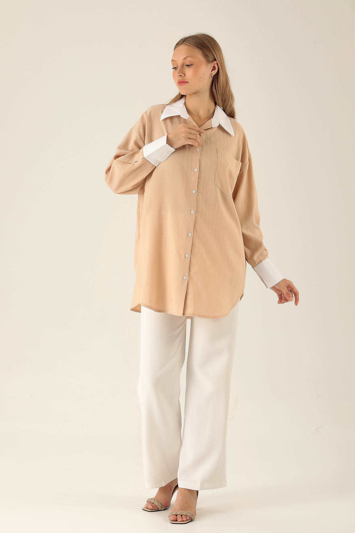 Çizgili Balon Kol Bayan Gömlek - 6672A Bej - 4