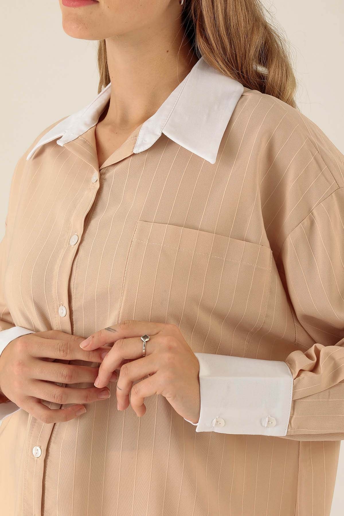 Çizgili Balon Kol Bayan Gömlek - 6672A Bej - 6