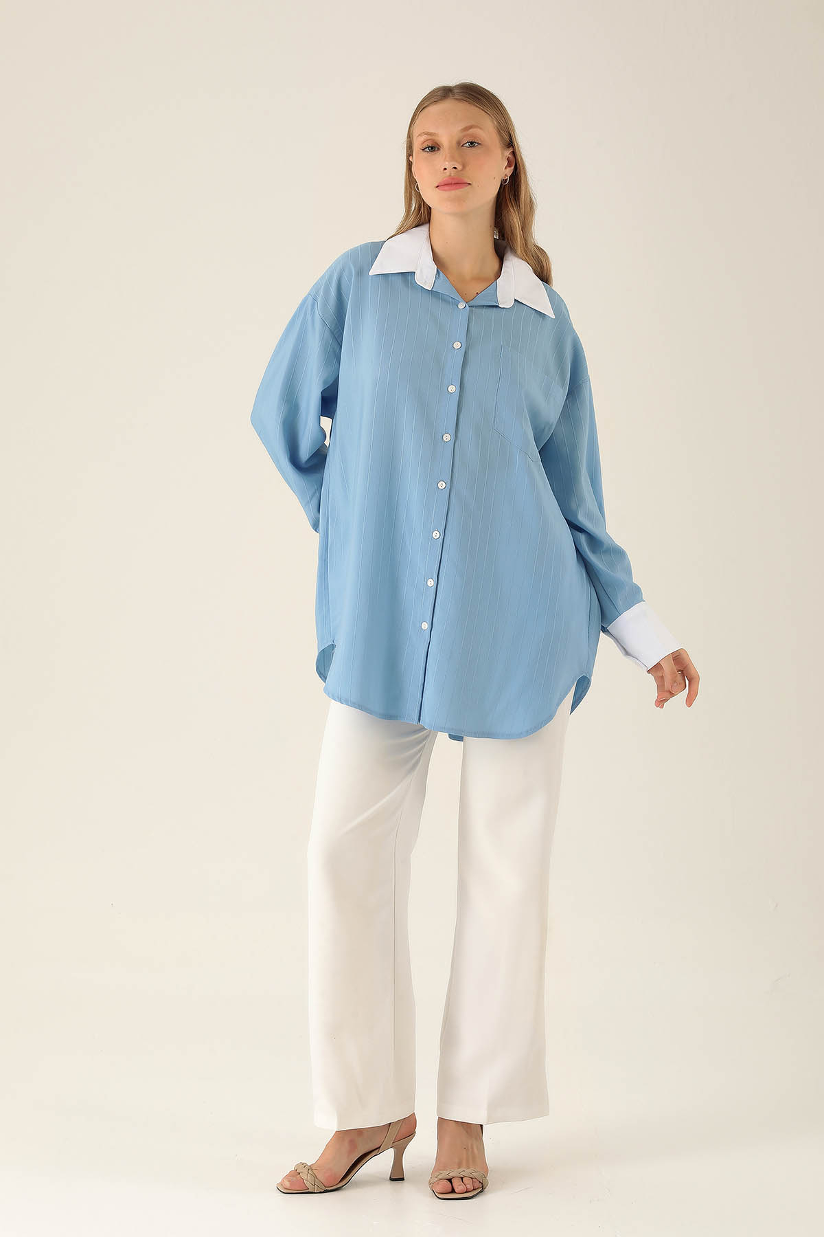 Çizgili Balon Kol Bayan Gömlek - 6672A Mavi - 3