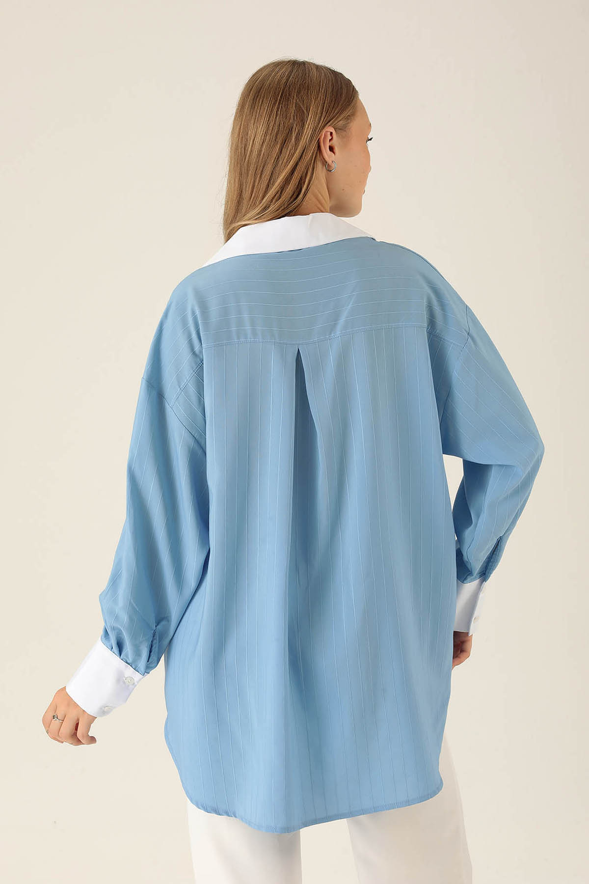 Çizgili Balon Kol Bayan Gömlek - 6672A Mavi - 5